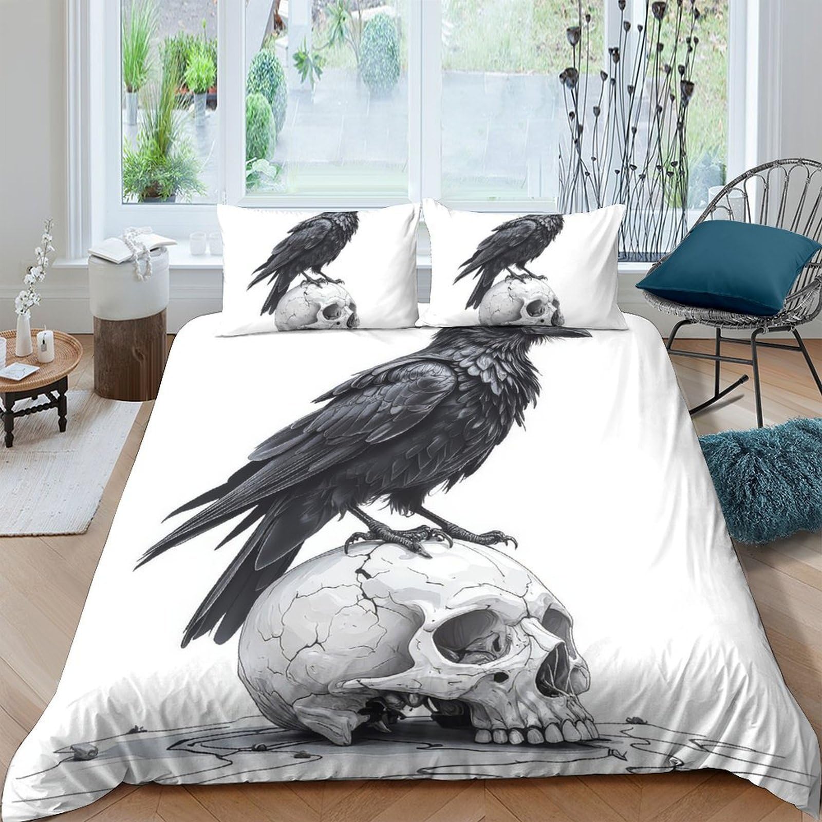 Ctjqhvkz Style-3 3D Printed Raven Skull Fitted Sheet Microfiber Bedroom Decor Gothic Crow Bed Cover For Home Dorm Mattress Protection Single（135X200cm）