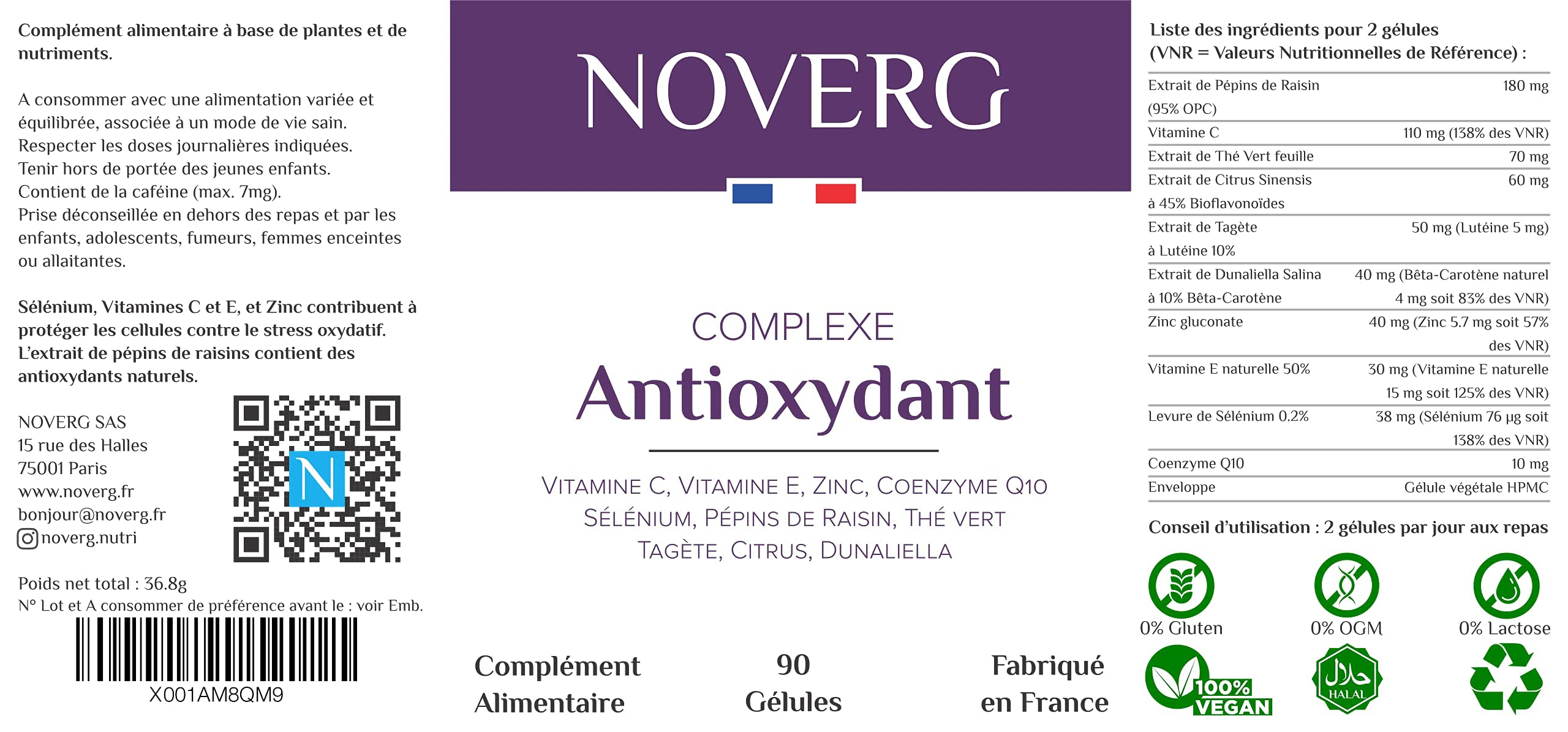 Antioxydant | Anti-Age Puissant + Belle Peau + Booster de Collagène | Vitamines C & E, Zinc, CoEnzyme Q10, Sélénium, Pépins de raisin | Vegan | 90 Gélules | Cure de 45 jours | Fabriqué en France