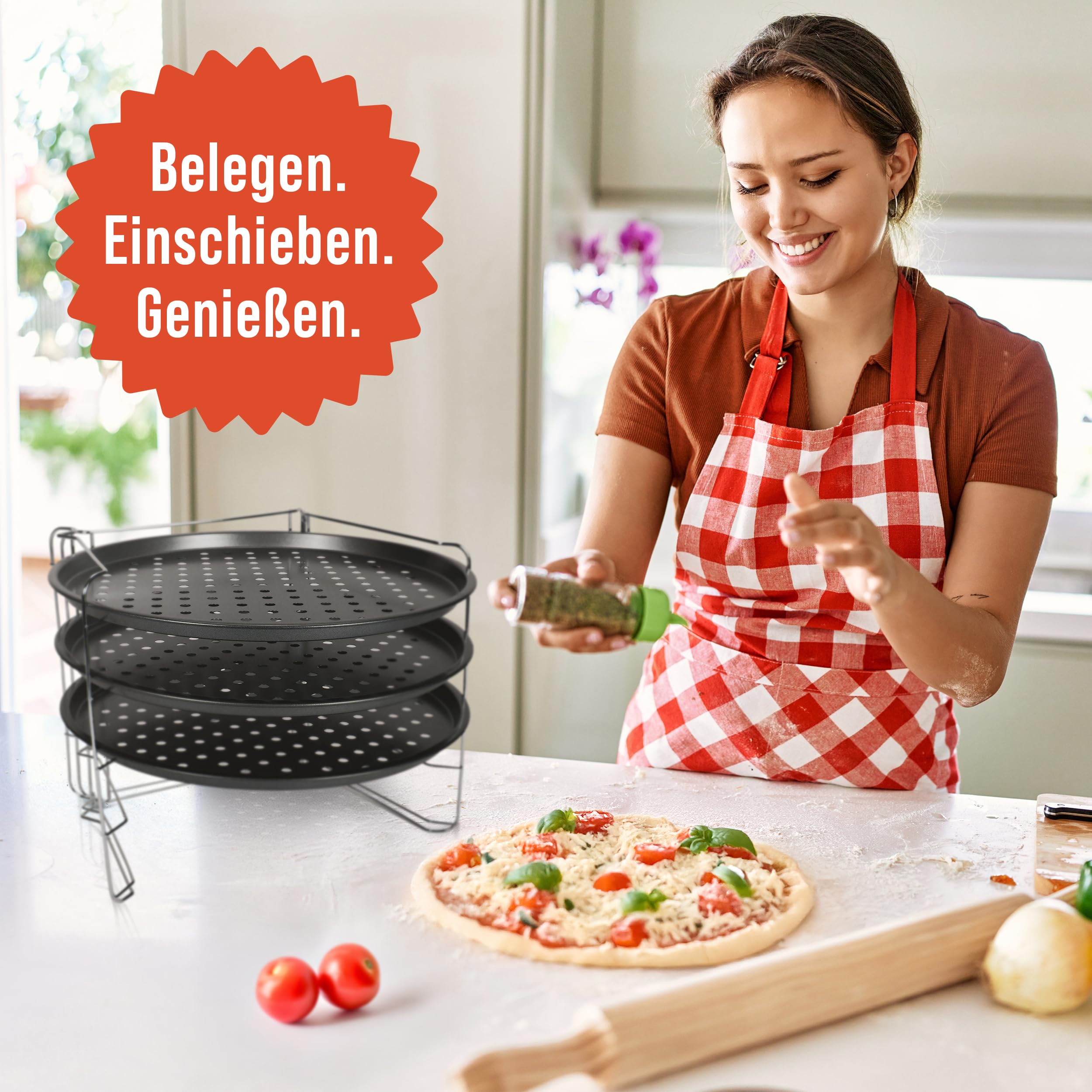 Chef Pomodoro Pizzablech rund 33cm, Pizzaständer für Backofen – klappbares Pizzagestell, 3x gelochte Pizzapfanne, Pizza Stahl, stabiles Pizza Backset für Ofen