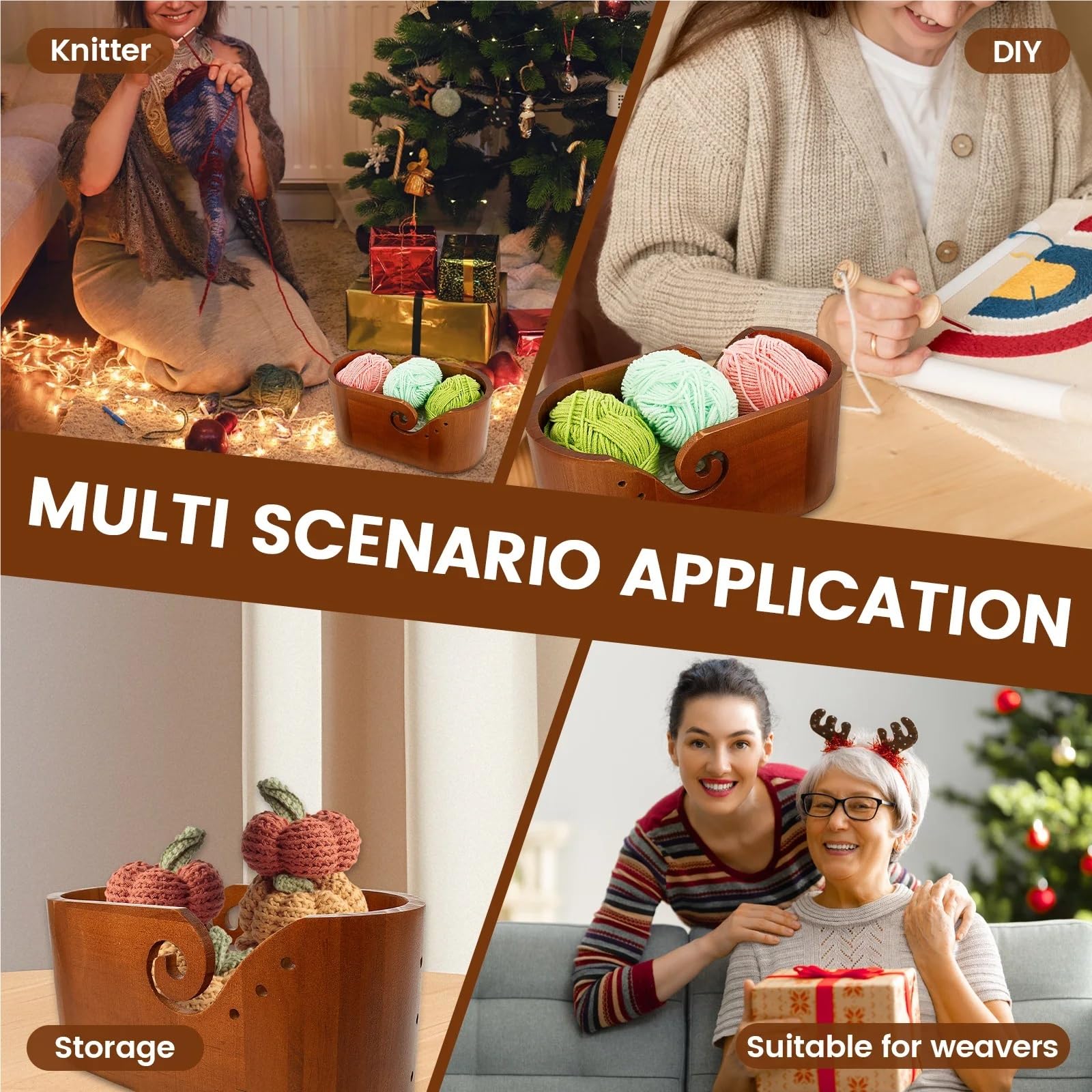 Cestino portaoggetti in legno for filati, for lavori a maglia, con fori fatti a mano, for prevenire lo scivolamento, for artigianali all'uncinetto