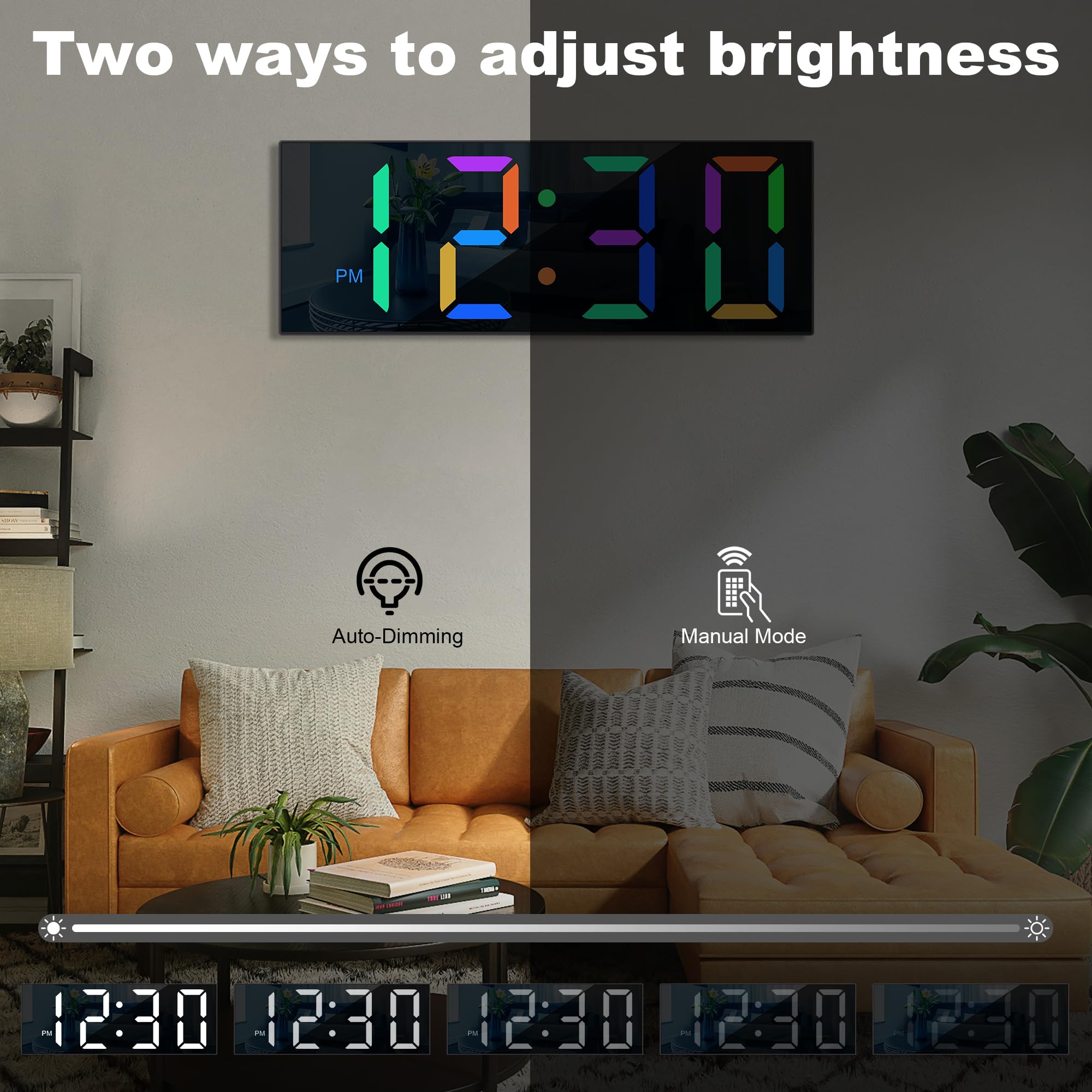 Sukeen Horloge Murale numérique avec veilleuse, Grande Horloge Murale numérique de 30 cm avec télécommande/Grand écran/8 Couleurs/variateur réglable, Horloge Murale Noire pour Chambre, Salon, école