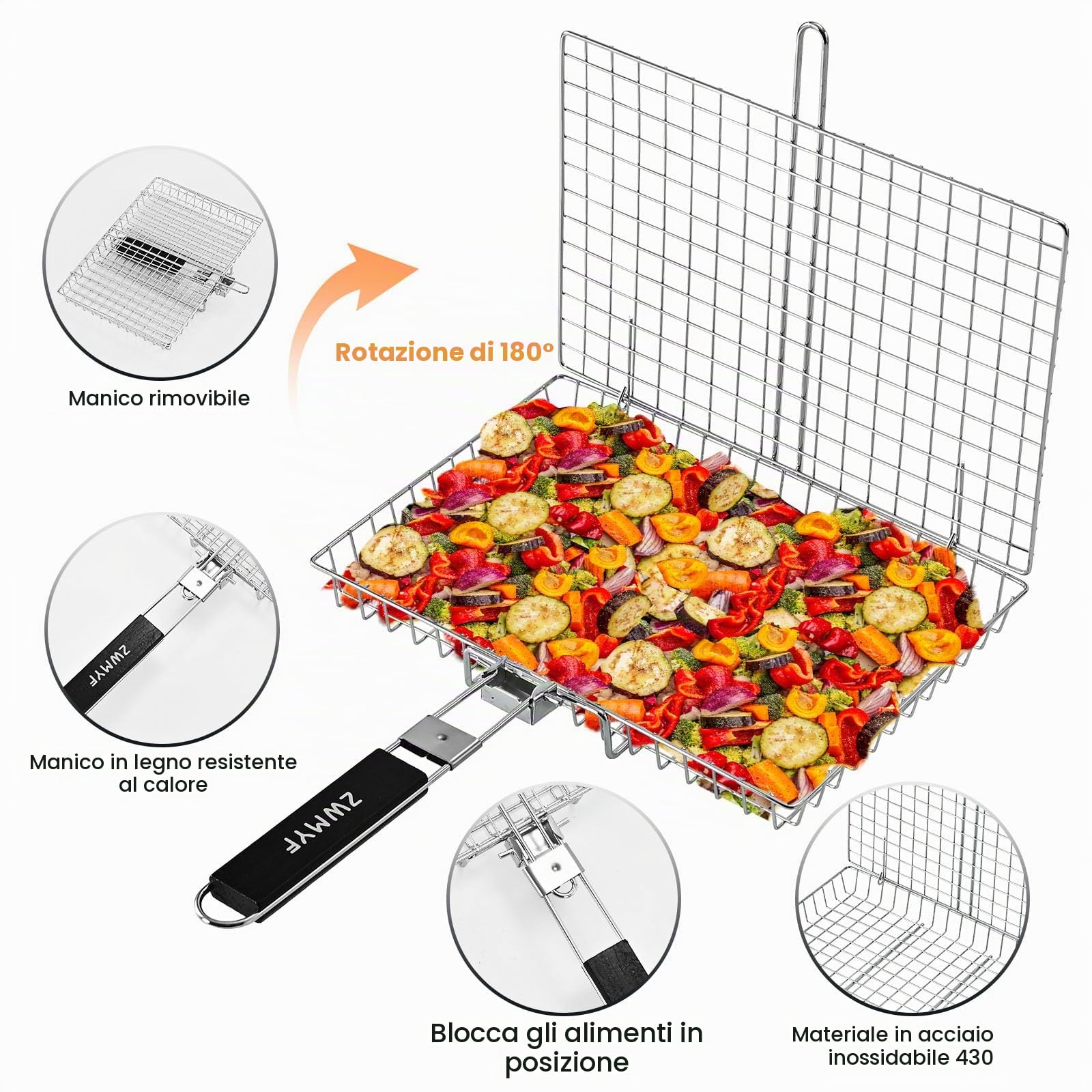 Robusto cestino per barbecue in acciaio inox per campeggio e barbecue: griglia pieghevole portatile con manico rimovibile, rete antiaderente per pesce, verdure, gamberetti, hamburger e altro