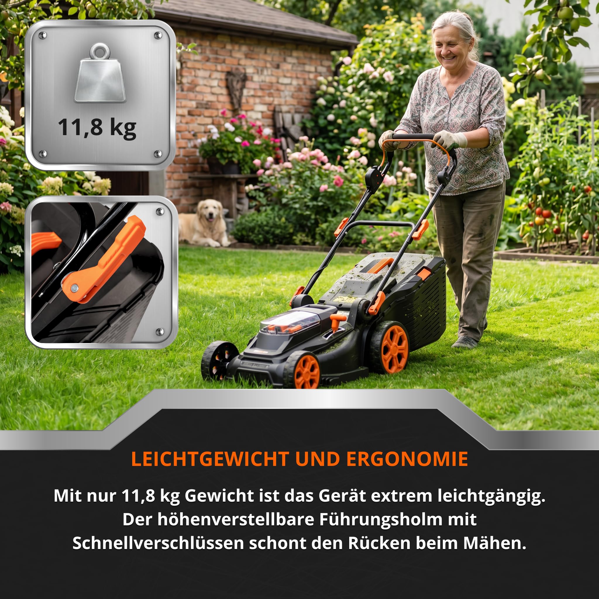 TOP CUT TC-LB-38-40V | Akku Rasenmäher Bürstenlos 38cm | 2X 4Ah Akku Doppel Ladegerät 45L Fangkorb 6 Stufen Schnitthöhe | Leichter Elektro Rasenmäher Schnurlos für Garten und Rasenpflege