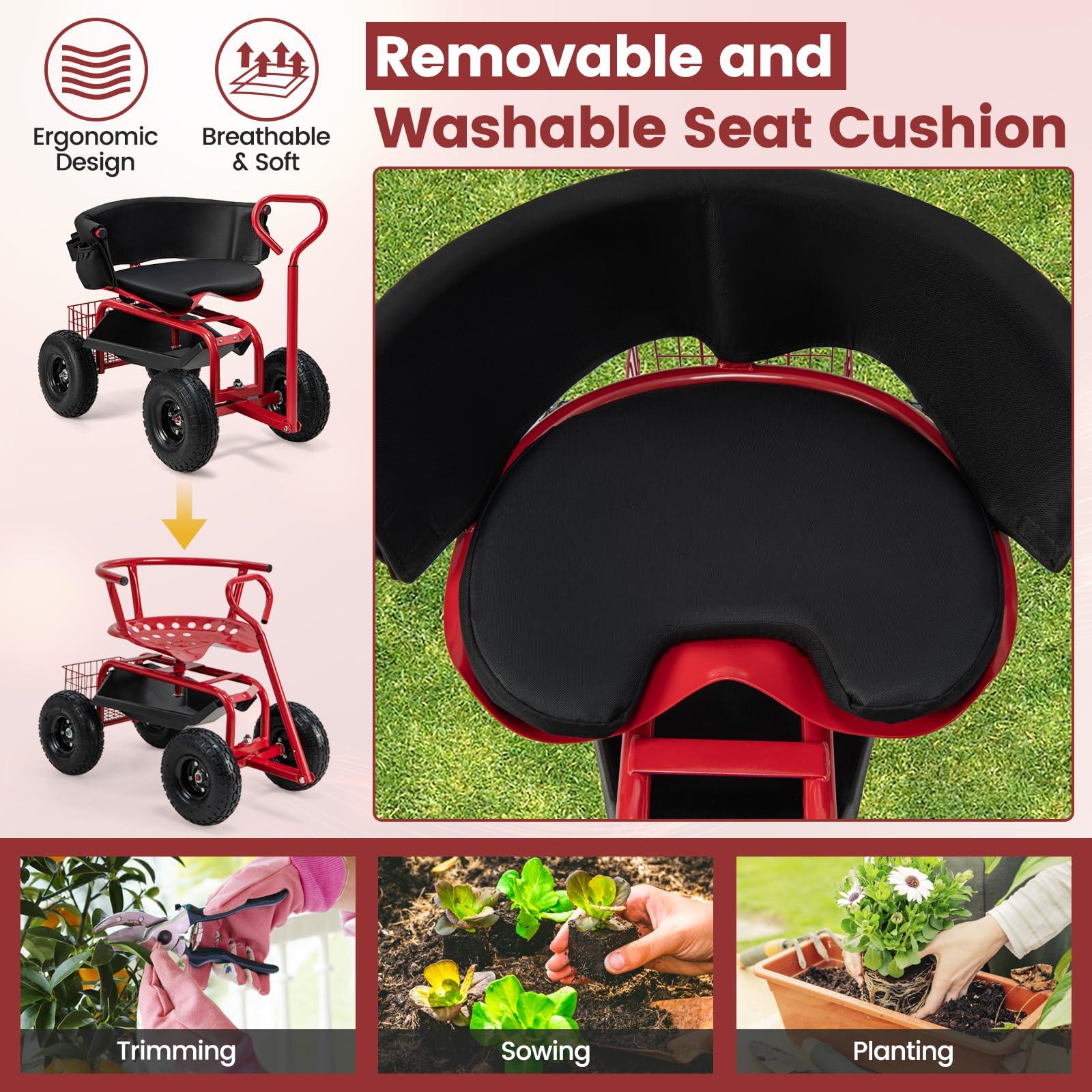 RELAX4LIFE Rollsitz, Fahrbarer Werkstattwagen mit Verstellbarem Drehsitz & Griff, Gartensitz mit Rückenlehne & Abnehmbarem Sitzkissen, Werkzeugwagen mit Ablage & Korb & Tasche (Rot+Schwarz)