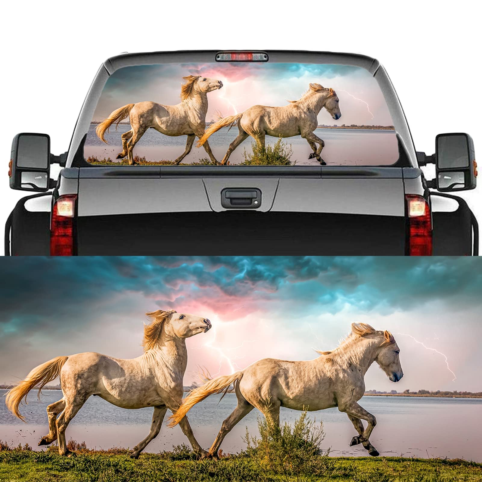 Decalcomania adesiva per finestrino posteriore dell'auto, motivo cavallo di destriero, grafica perforata, per camion, finestra, posteriore, SUV, furgone, pickup, lunotto posteriore, 167,6 x 73,7 cm