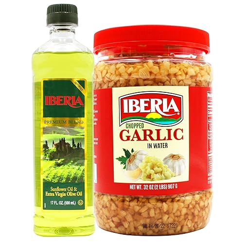 Iberia Aceite de oliva virgen extra y aceite de girasol, 17 onzas líquidas + ajo picado Iberia en agua, 32 onzas