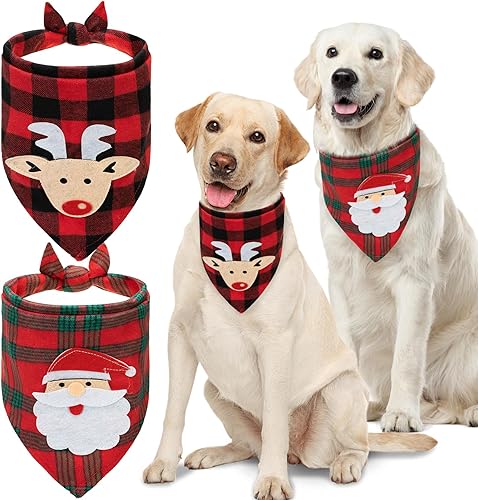 PAWCHIE 2 bandanas navideñas para perros con apliques hechos a mano (Santa Claus y alce), bufandas triangulares lavables a cuadros para cachorros