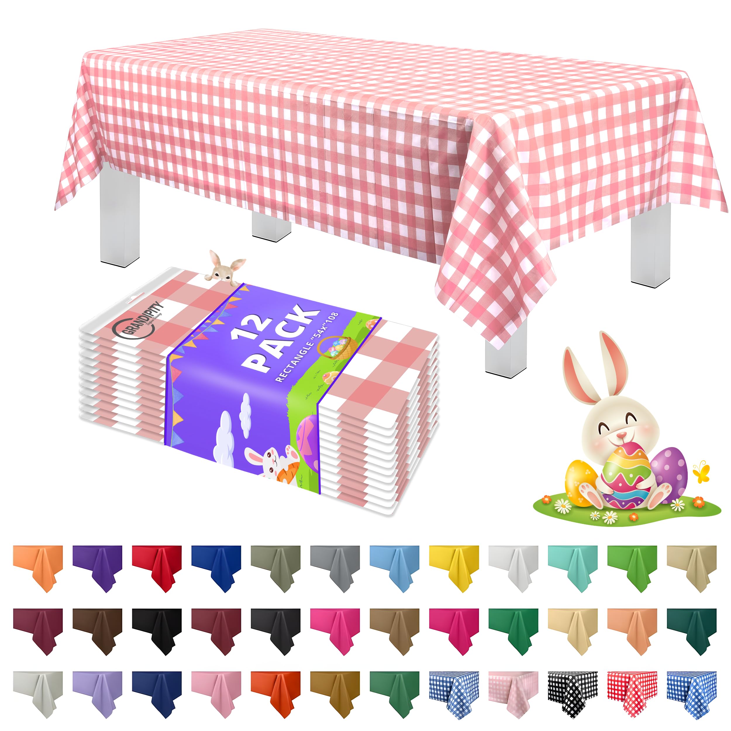 Grandipity 12 Pack Premium Disposable Plastic Tablecloth 54 Inch. x 108 Inch. Decorative Rectangle Table Cover - Pink Checkered Gingham