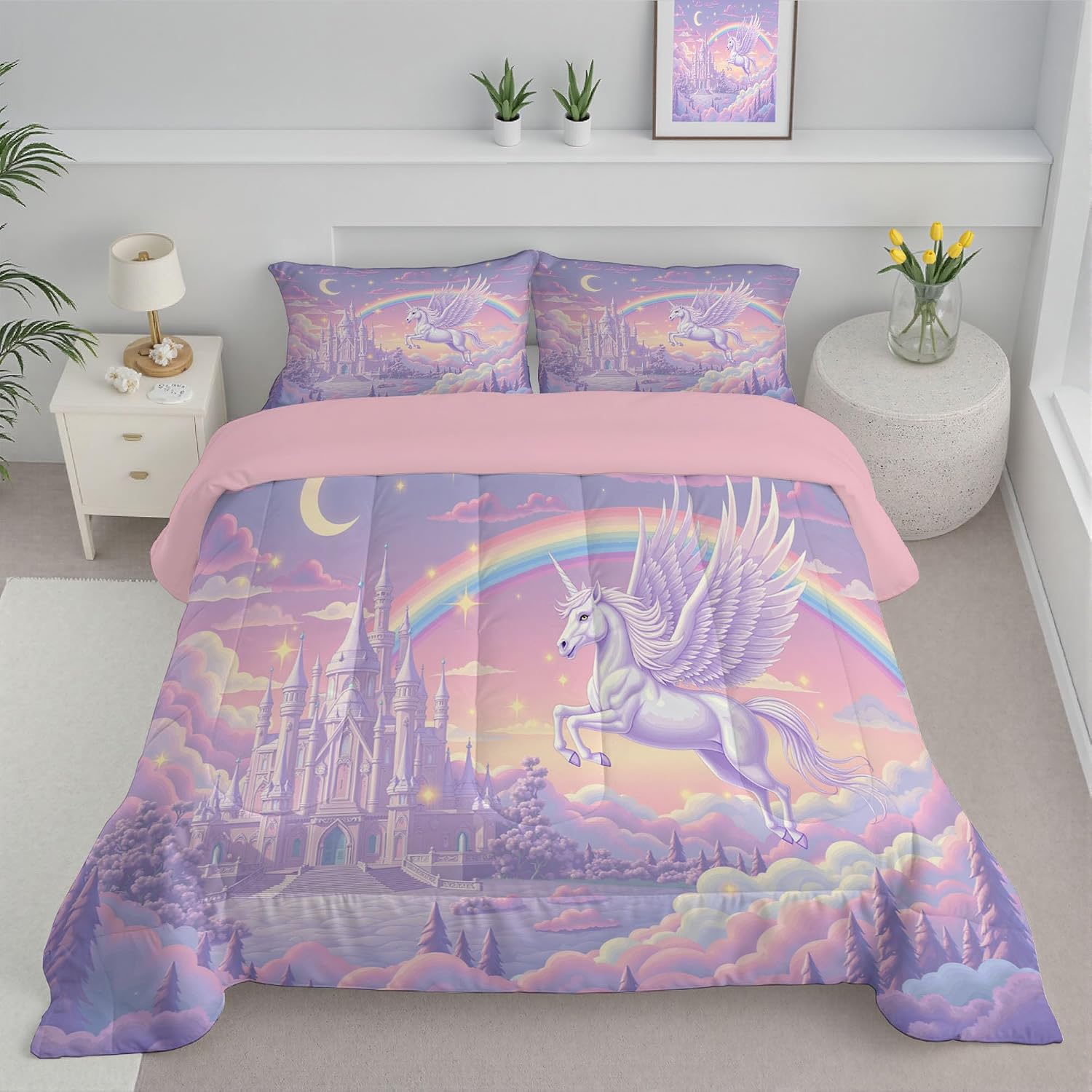 Pink 80" x 90" Duvet, Reversible Coverless Children Boys Girls 3 Duvet, Full Washable Quilt 7.5 Tog for All Seasons, Cartoon Mountains Comforter with 2 Pillowcases
