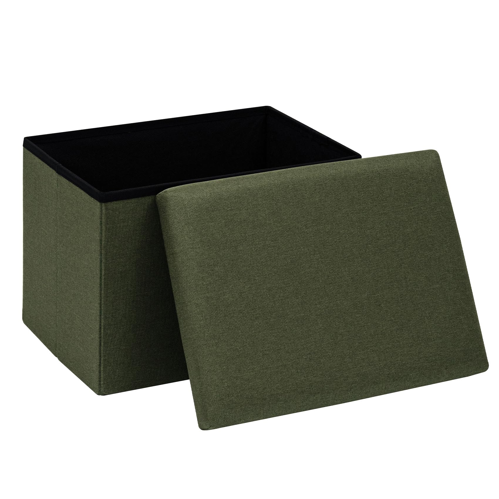 PINPLUS Ottoman Storage Box with Lid, Linen Fabric Foldable Footstool, Small Storage Chest for Living Room, Bedroom & Entryway, 42x32x32 cm, Olive Green
