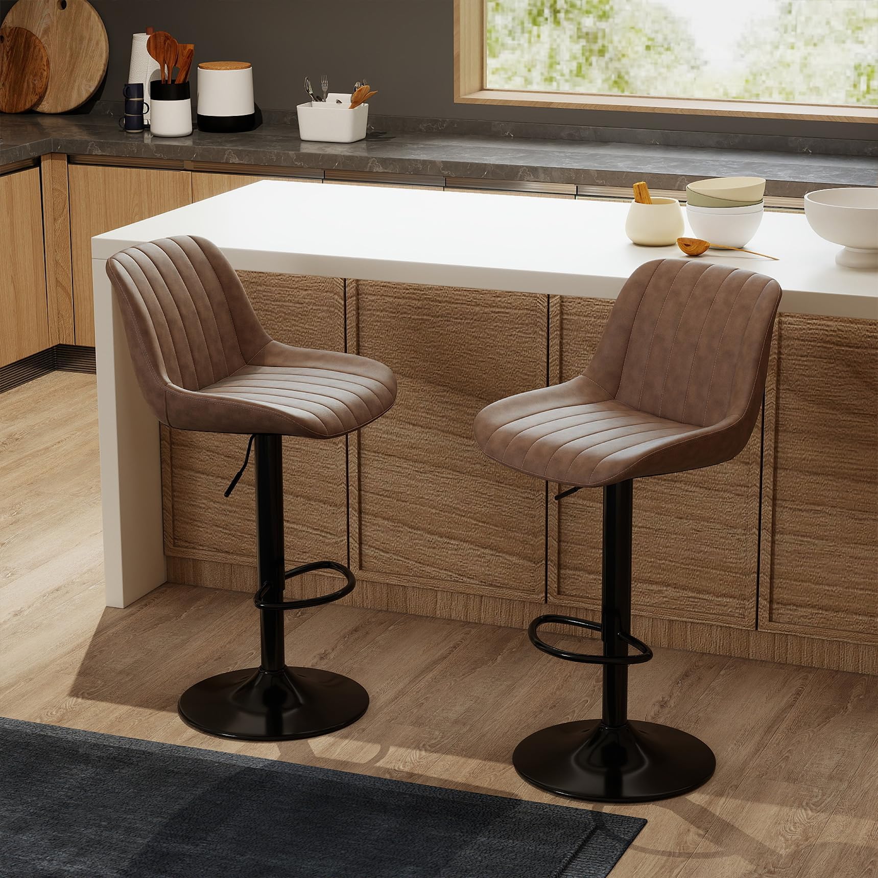 Youhauchair Bar Stools Set of 2, Swivel Counter Height Barstools with Back, Adjustable Faux PU Leather Bar Chairs, Modern Armless Kitchen Island Stool, Brown