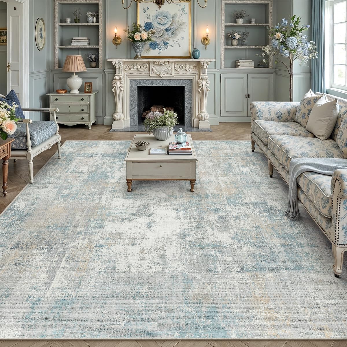 9x12 feet Area Rug Blue Cream Abstract Living Room Bedroom Washable Carpet Neutral Modern Non Slip Soft Low Pile Indoor Large Throw Rug for Dining Room Office