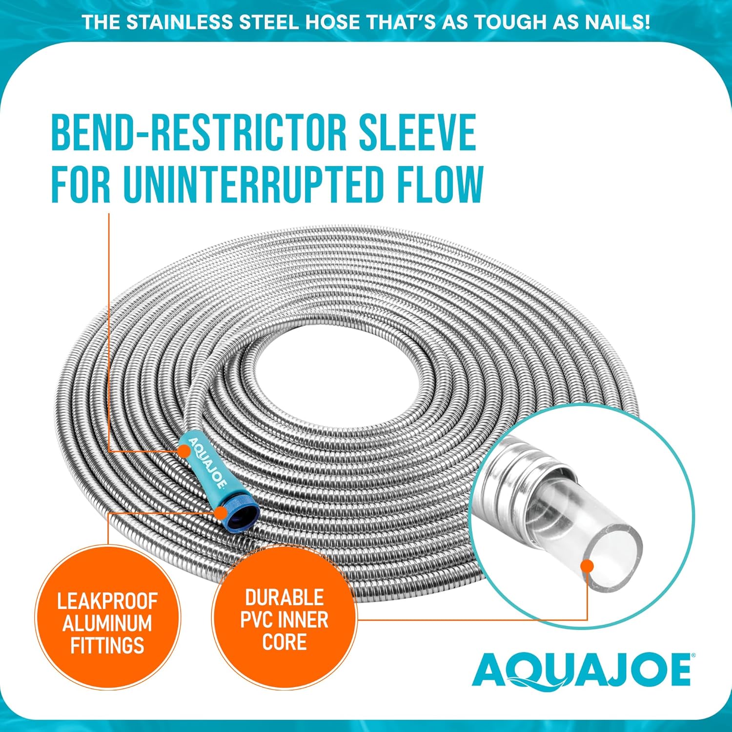 Aqua Joe AJSGH50 Stainless-Steel Garden Hose, Kink-Free Hose, 300 PSI Max, 50 Feet Long