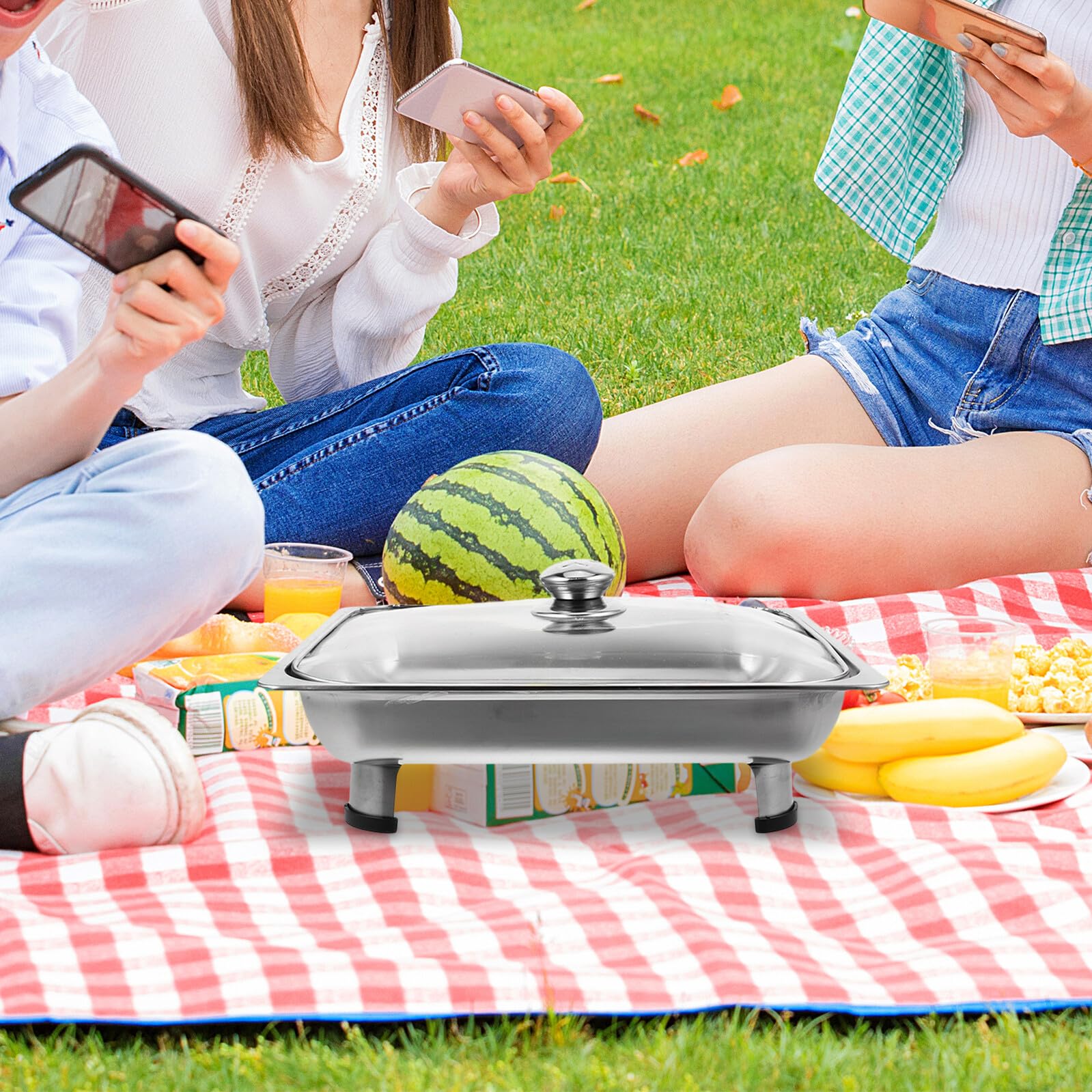 Scaldavivande rettangolare isolato per catering ed eventi all'aperto, in acciaio inox, con coperchio in vetro, piedini rimovibili, grande capacità e design robusto