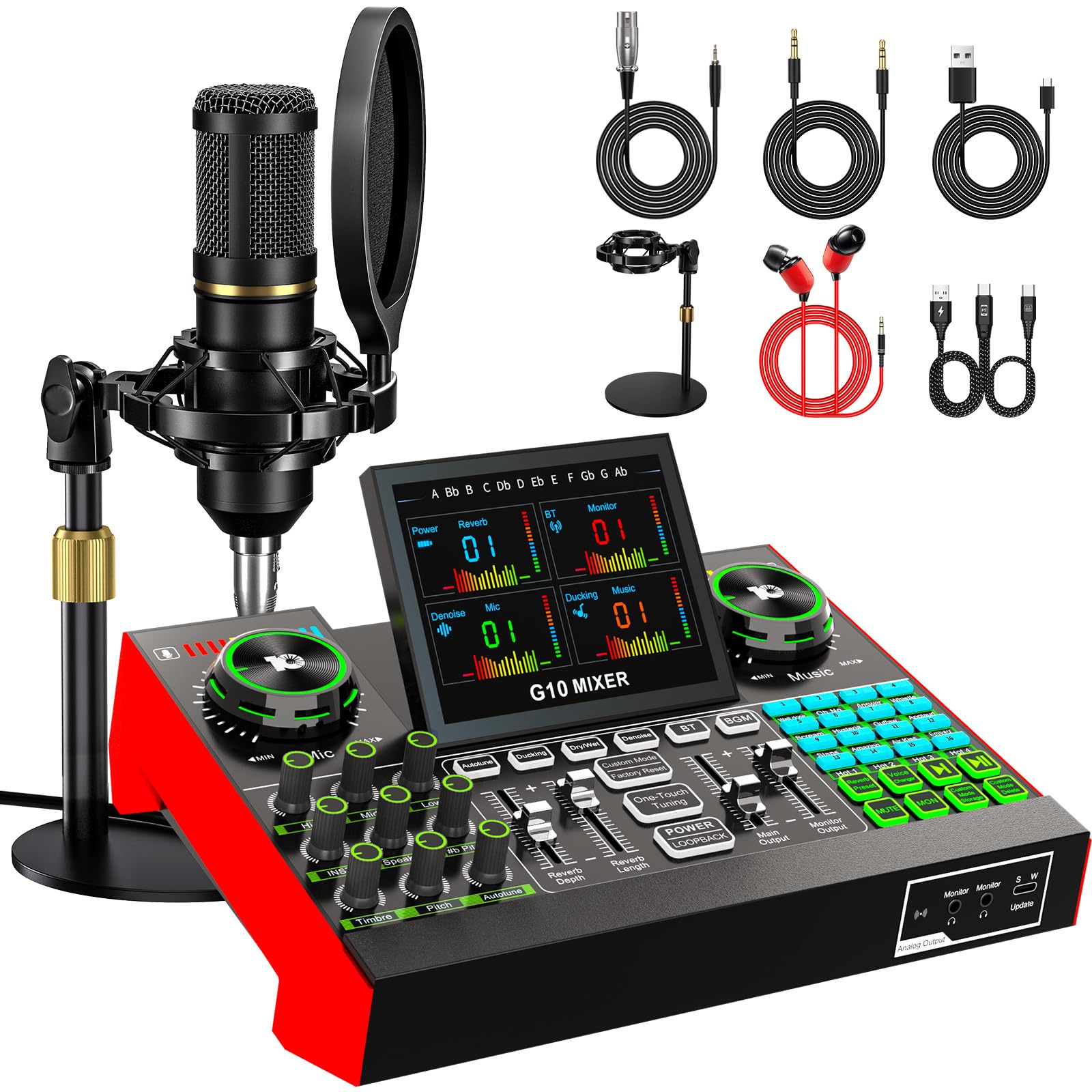 Podcast Microphone Bundle with Live Sound Card Audio Mixer, Podcast Equipment Bundle with 3.5mm Condenser Microphone for Pc/Phone Live Streaming Singing Gaming, Sound Board with Voice Changer, Denoise