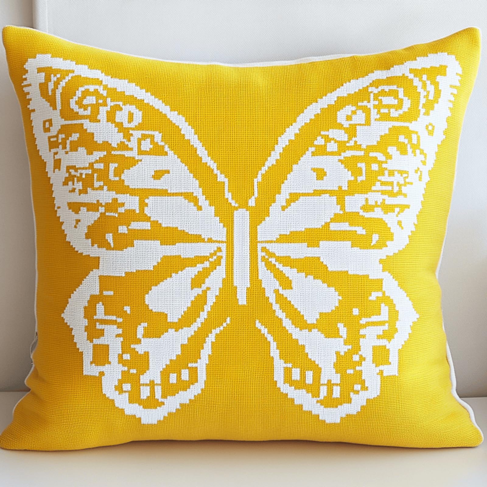 Taxpy Latch Hook Cushion Kit for Adults,Yellow Butterfly,17x17in DIY Pillow Cover Craft Kit with Pre-Printed Canvas,Yarn & Hook Tool,Beginner Friendly Needlework Craft for Home Decor & Gifts