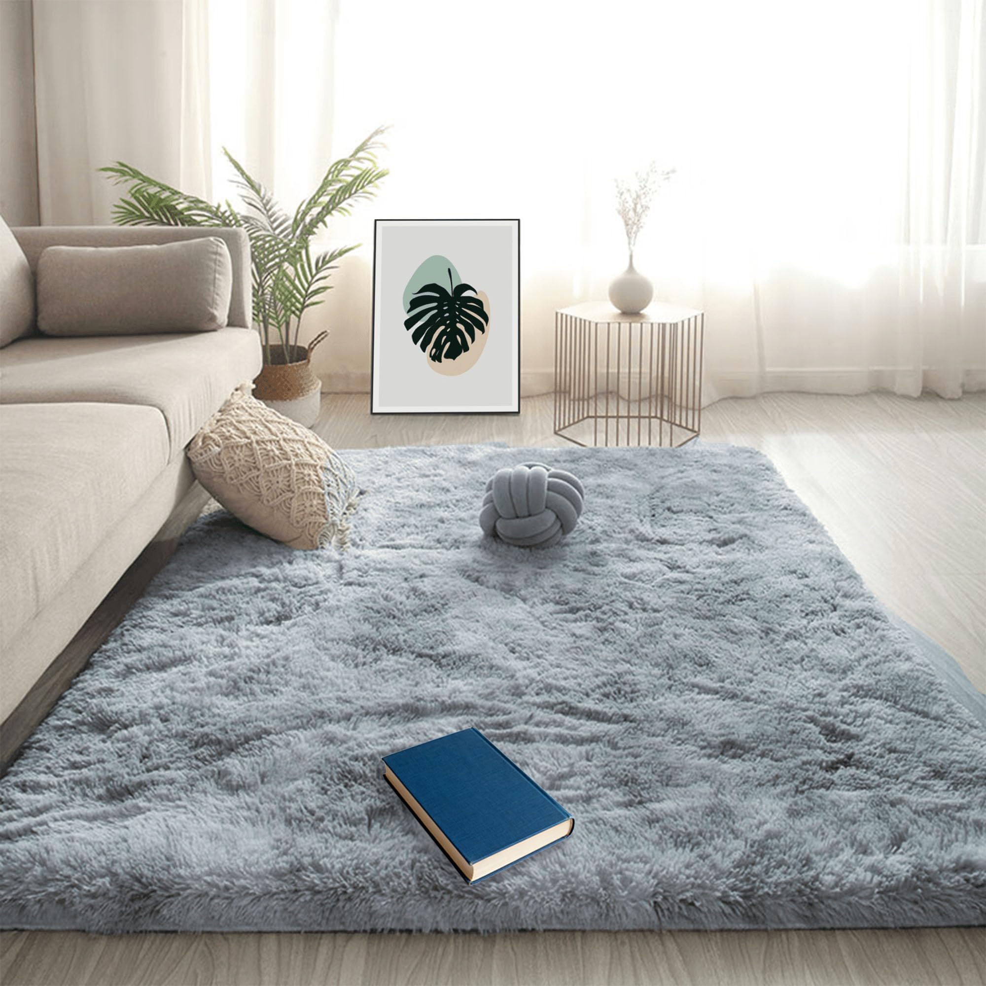 Tapis de salon 240x380 cm gris clair shaggy à grand poil doux