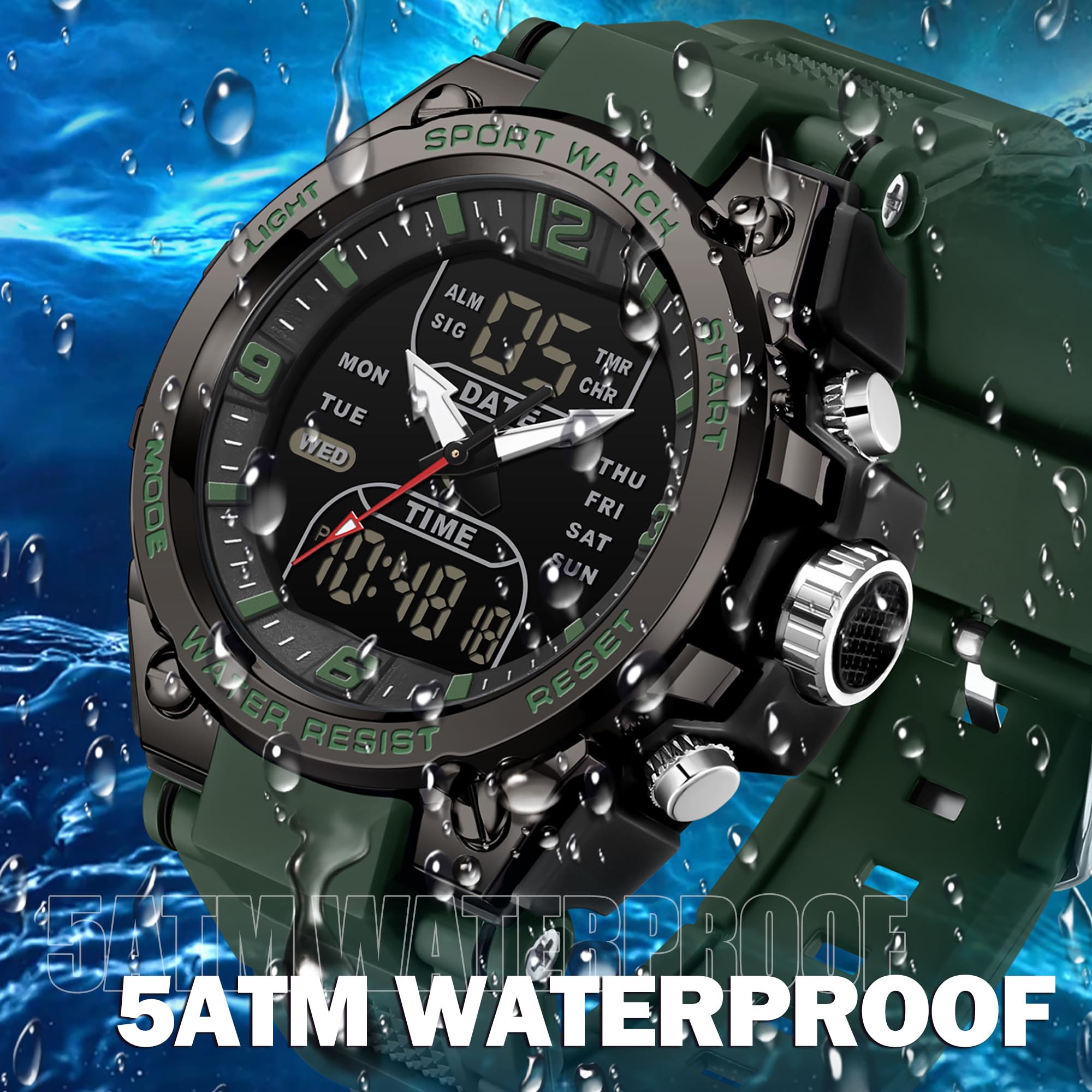 findtime Montre numérique de sport étanche pour homme, chronomètre, alarme, pour la course à pied, la natation, montre analogique à grand cadran Relojes para Hombres