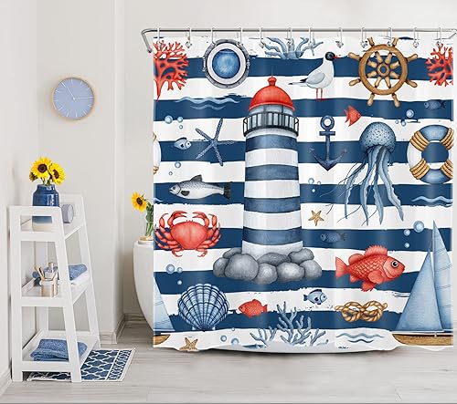 Miniatura 3 de LB Cortina de ducha náutica para baño, divertida vida marina y faro, velero, cortina de ducha con ganchos, juego de cortina de baño a rayas azul
