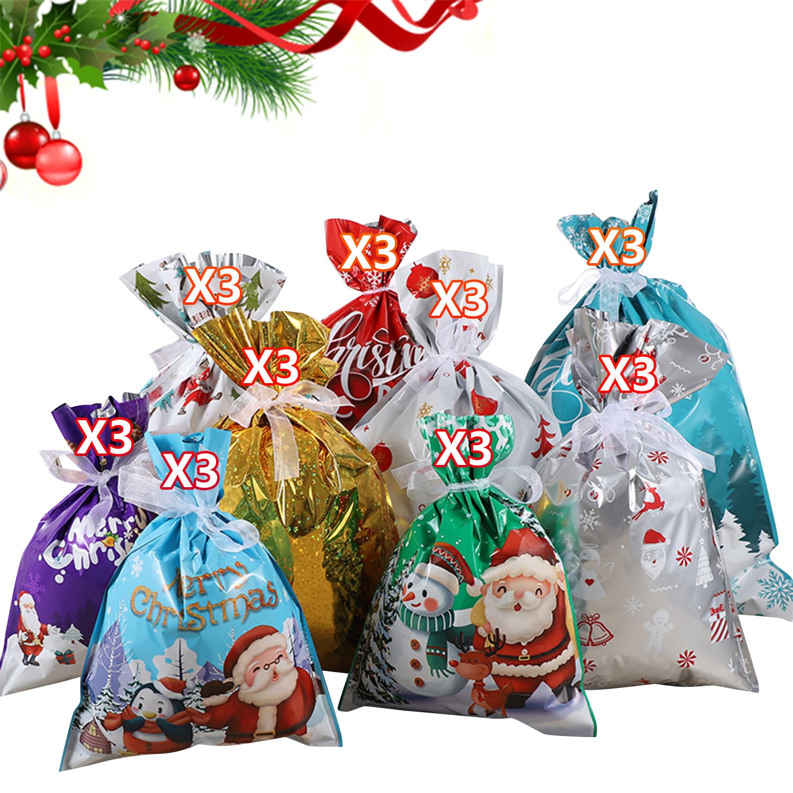 KAQNTUD Pack of 30 Holiday Storage Bags Mix Secure Ribbon Closure for Christmas Birthday Gifts Party Supplies Santa Claus