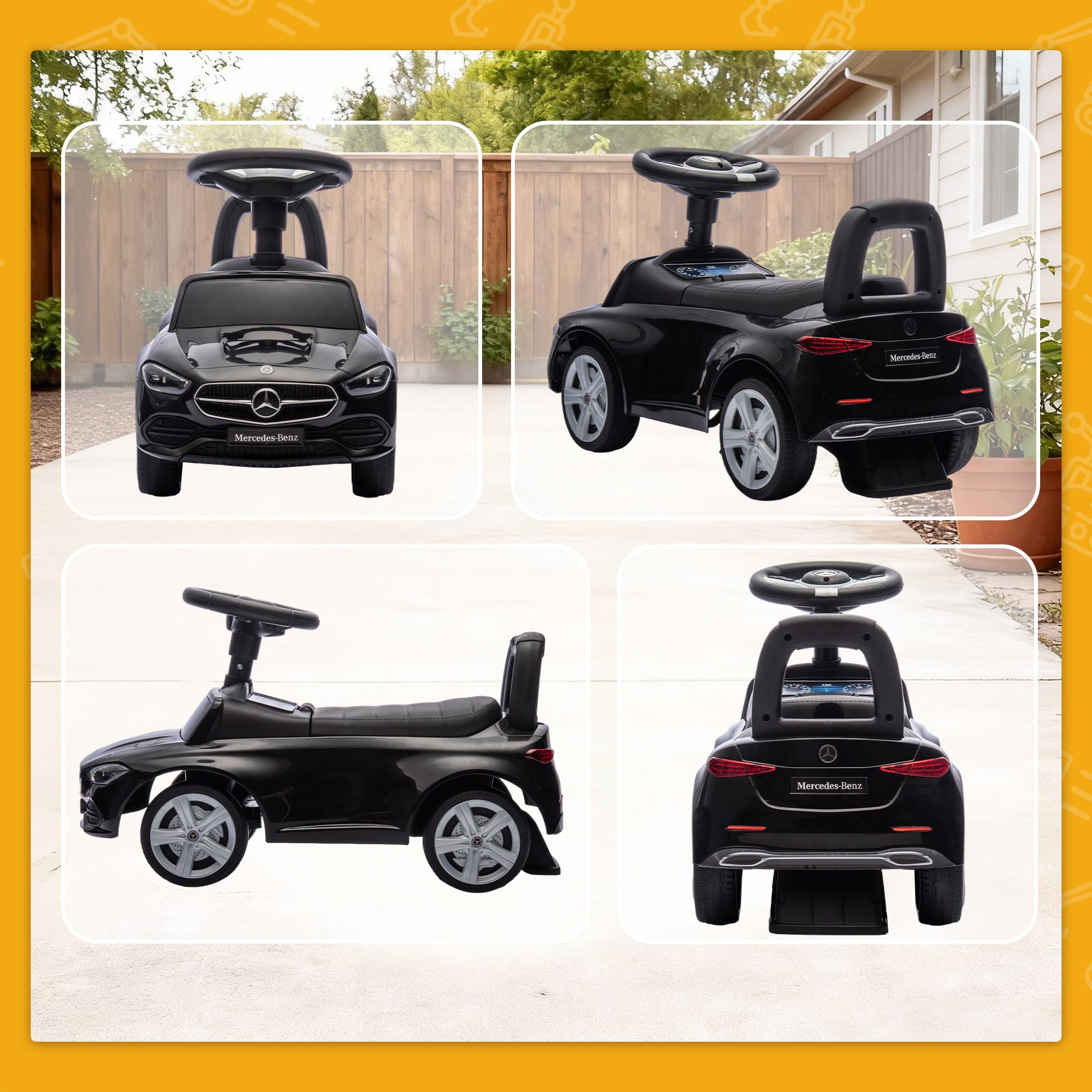 AIYAPLAY Macchina Primi Passi per Bambini Licenza Mercedes Benz con Clacson e Spazio Portaoggetti, Auto per Bambini in PP e Acciaio, 65x28x39 cm, Nero