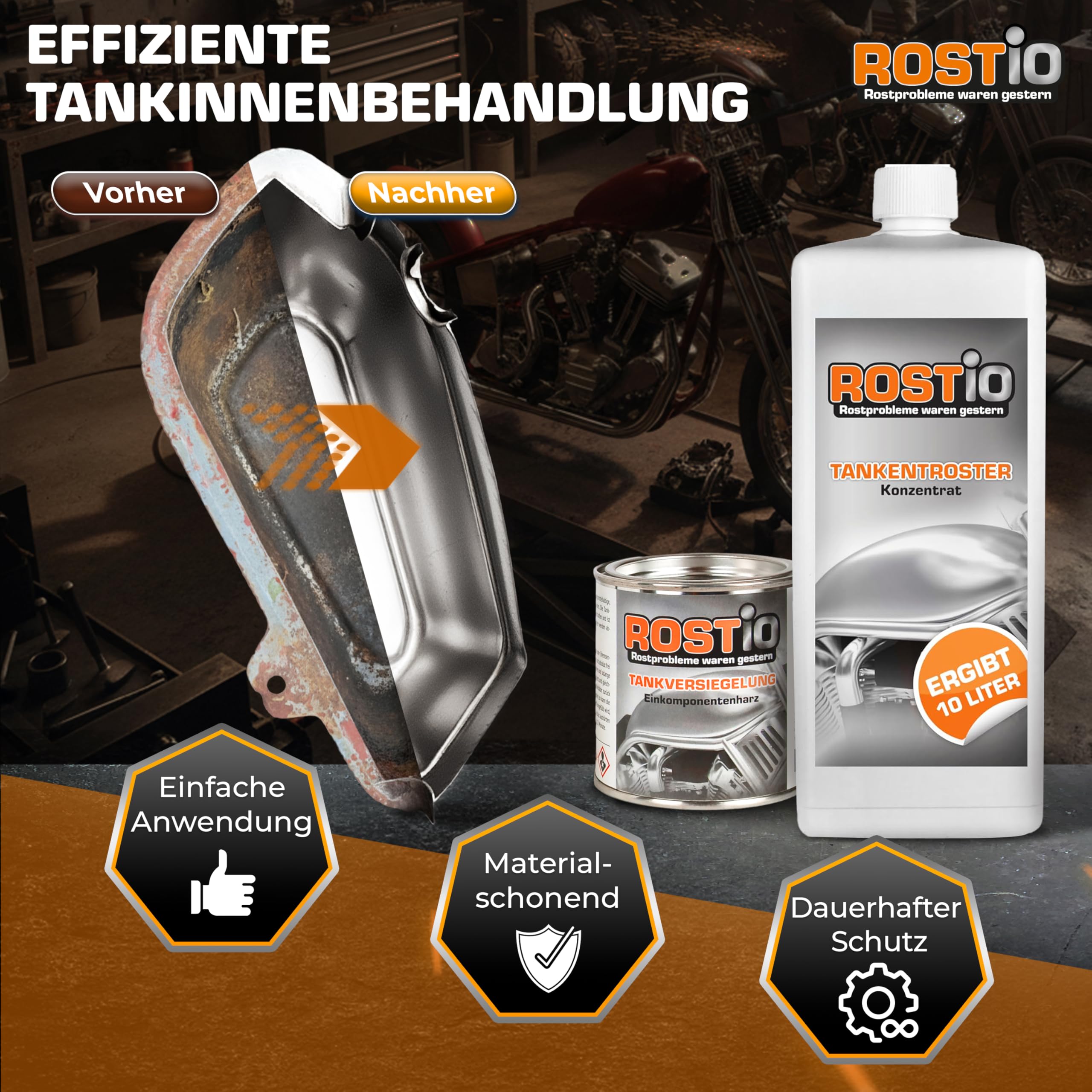 Rostio Tankentroster-Set 1L – inkl. 250ml Tankversiegelung – hochergiebig (1:10) – für Tanks bis 10L – Rostentferner & Korrosionsschutz – ethanolfest & flexibel – Set zur Tanksanierung