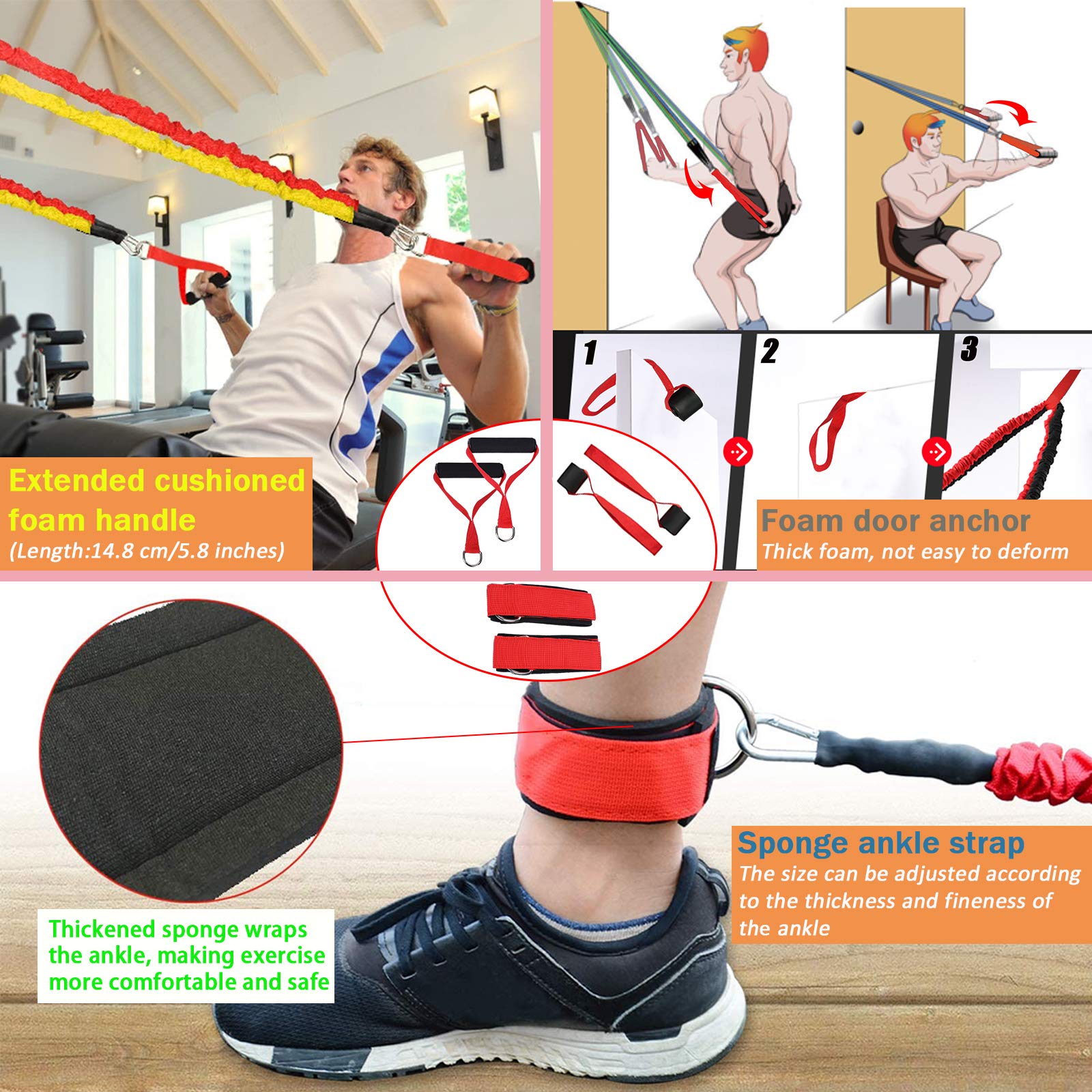 YEAHTOP Set de Bandas de Resistencia, Juego de Gomas Elásticas Fitness hasta 150lbs, Cuerdas de Entrenamiento con 5 Tubos de Látex para Ejercicios Físicos, Crossfit, Musculación, Deporte para Gym/Casa
