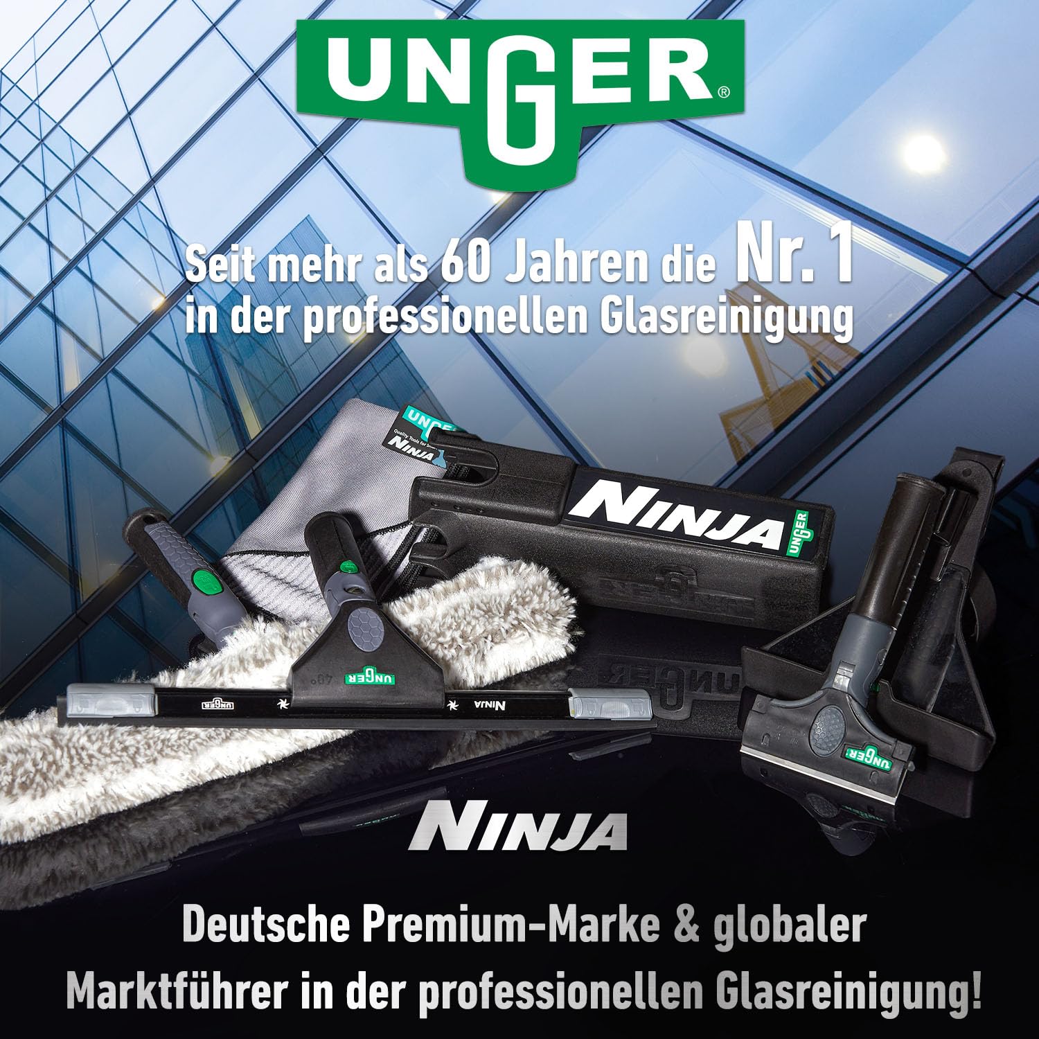 Unger Ninja AKN19 Lot de 6 Barres en Carbone 6 en 1 pour Nettoyage des vitres avec Tige télescopique de 1,90 m et Accessoires, Nettoyage Professionnel des vitres