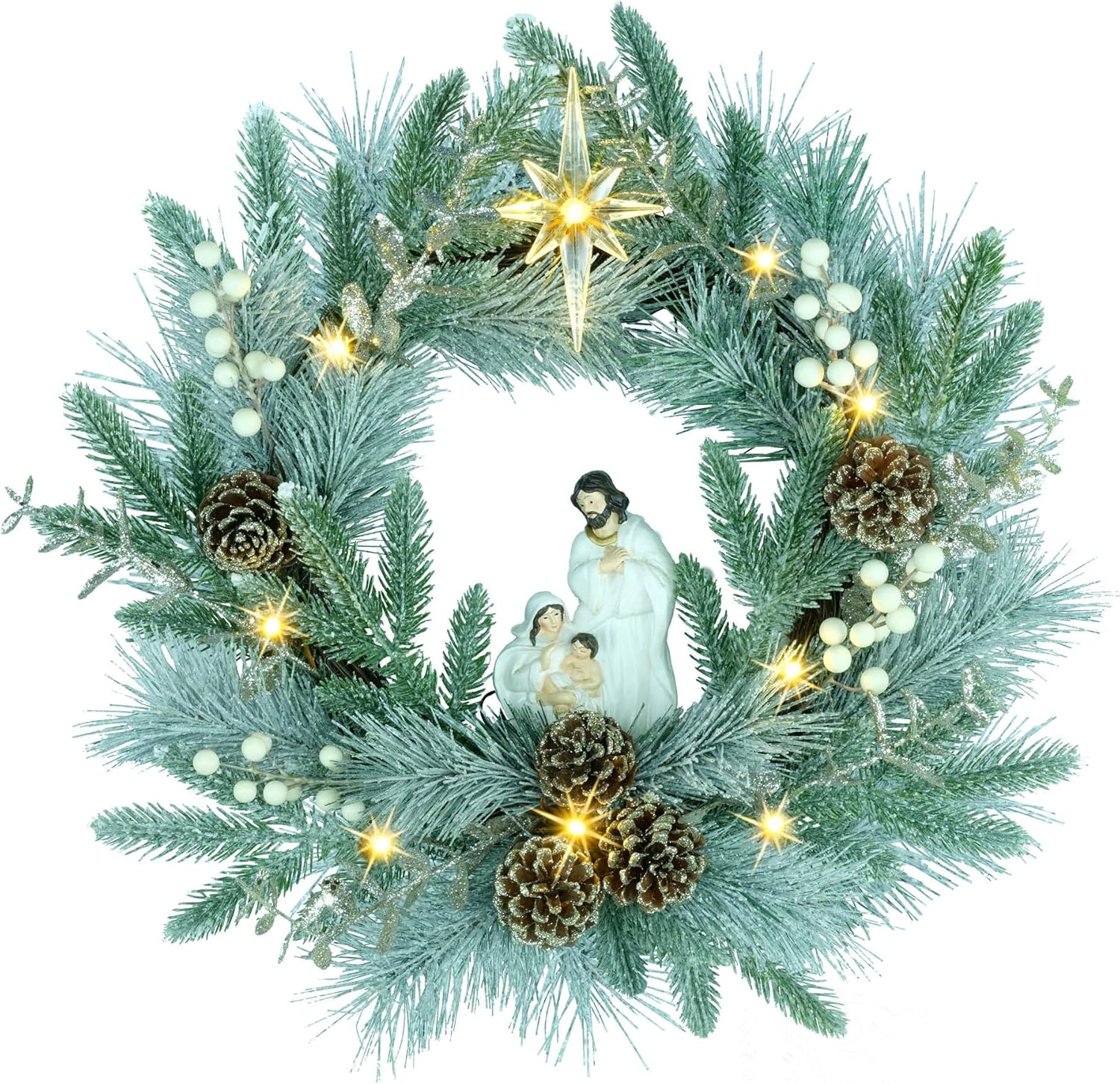 YULETIME 20" Pre-Lit Nativity Wreath, Battery Operated with 10 Fairy Lights, Holy Family Nativity Statue, Star of Bethlehem, Pine Cones, White Mistletoe, Frosted Spruce Branches (Nativity Frosted)
