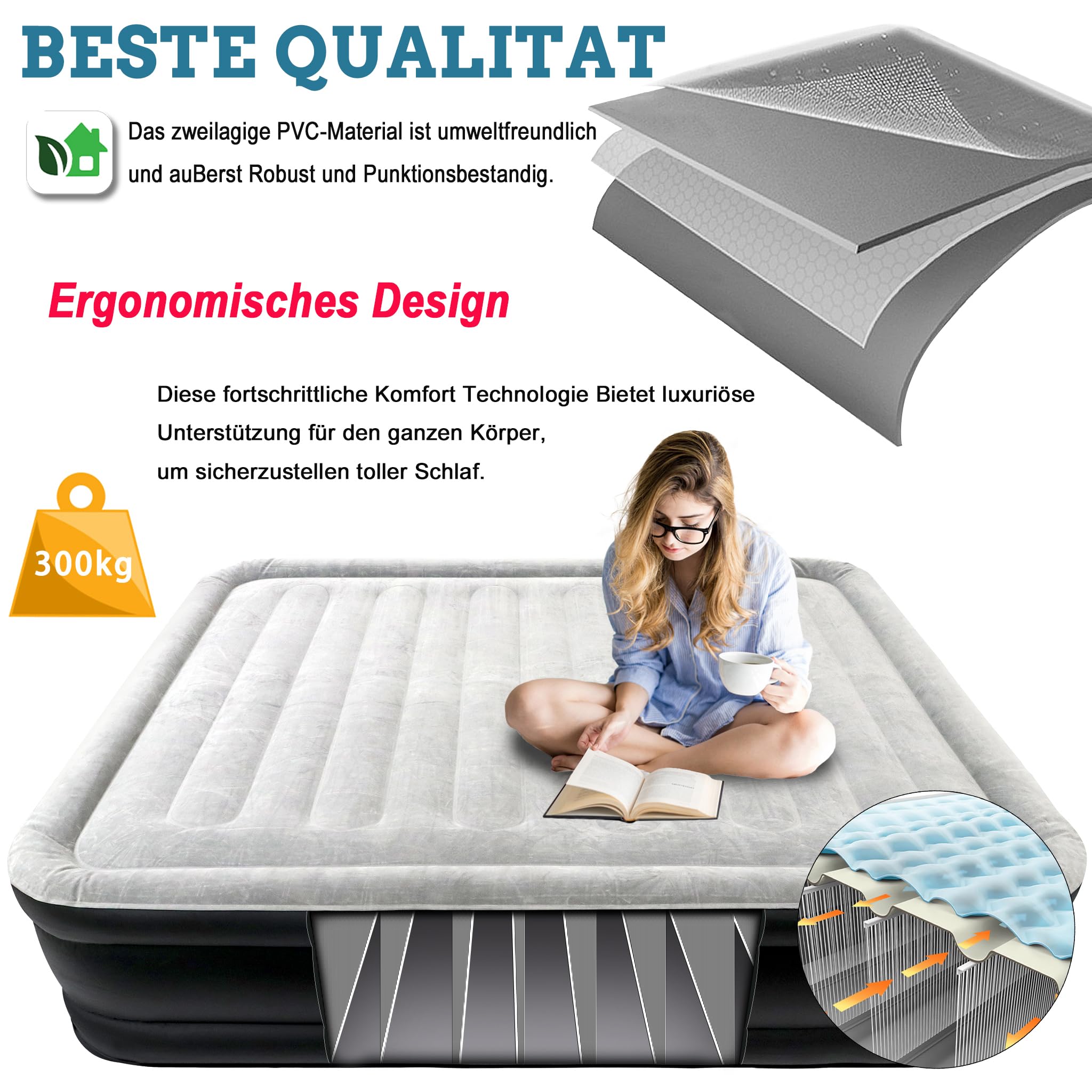 HENGMEI Materasso ad aria da campeggio, autogonfiabile, materasso gonfiabile con pompa elettrica incorporata, con bagaglio a mano (letto ad aria per 2 persone, 203 x 152 x 46 cm)