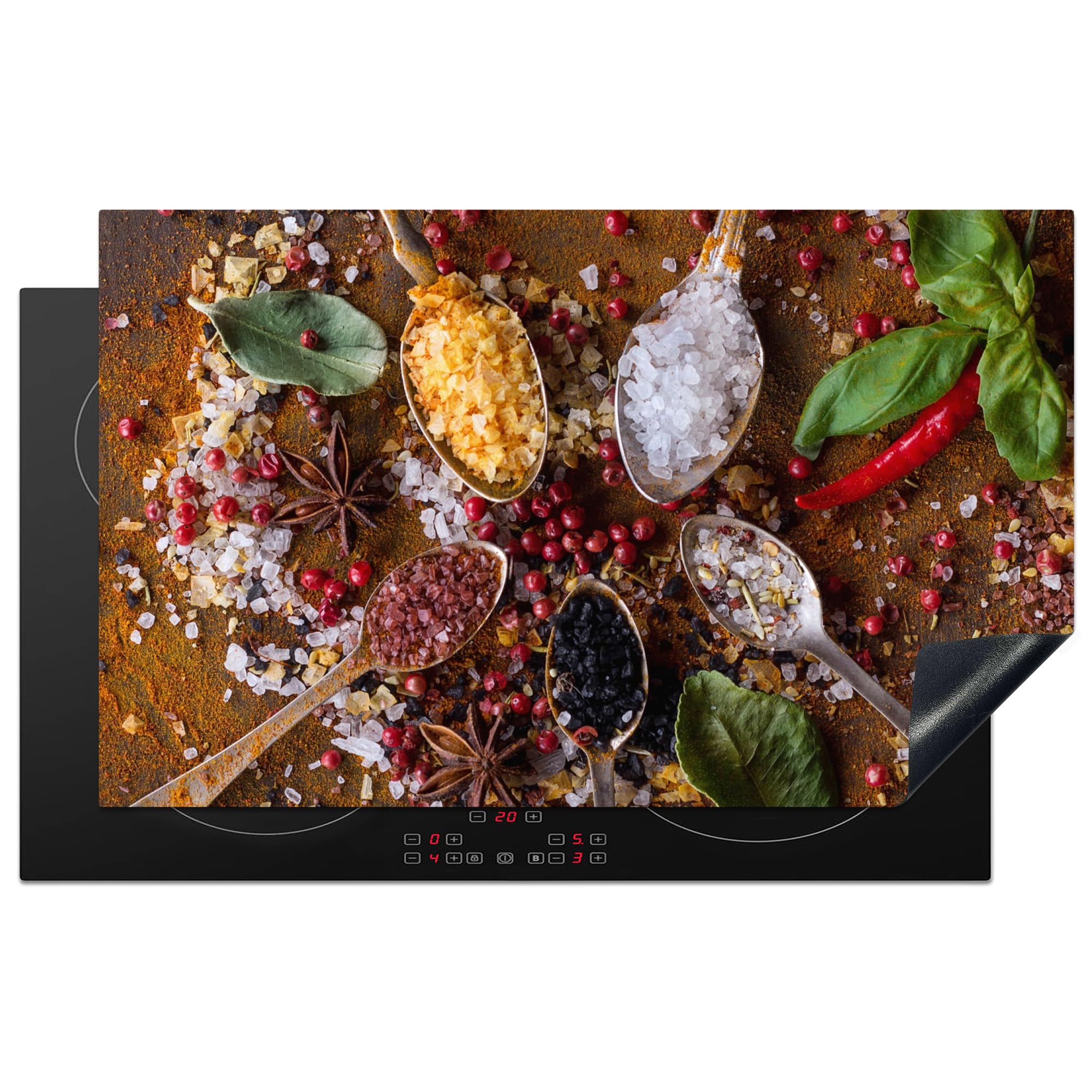 KitchenYeah© Induction Hob Cover Protector Mat 20.5"x33.5" / 85x52 cm Kitchen Universal Ceramic Covers for Electric Cookers Vinyl Spices - Herbs - Spoons - Salt - Brown - Kitchen