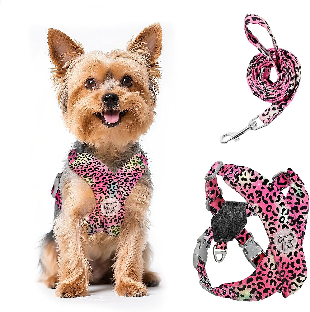Pawaboo Juego de arnés y correa para perros pequeños, arnés para cachorros con marco en X ajustable | Arnés de chaleco para perros pequeños y medianos, sin tirones, sin asfixia, arnés suave y transpirable para mascotas para excursiones, XS, leopardo magenta