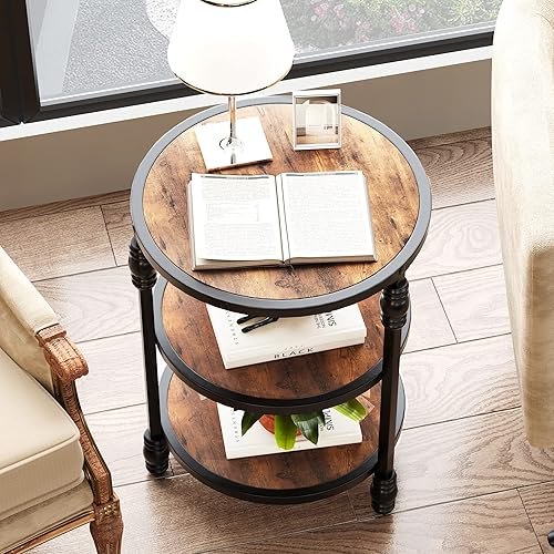 Miniatura 7 de IDEALHOUSE Mesa auxiliar redonda de 3 niveles, mesa auxiliar de sala de estar con estante de almacenamiento y mesa auxiliar de madera industrial de