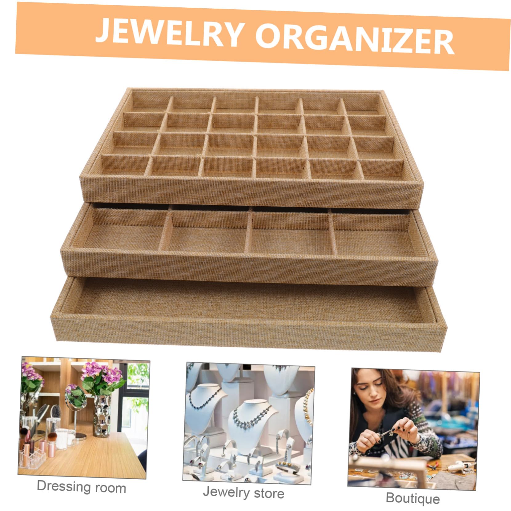 TOYANDONA 3 piezas Bandeja Organizadora de Joyas de Lino Apilable para Mujer Almacenamiento Práctico con Compartimentos para Anillos Pendientes Collares Caja Ligera y Portátil para Viaje y