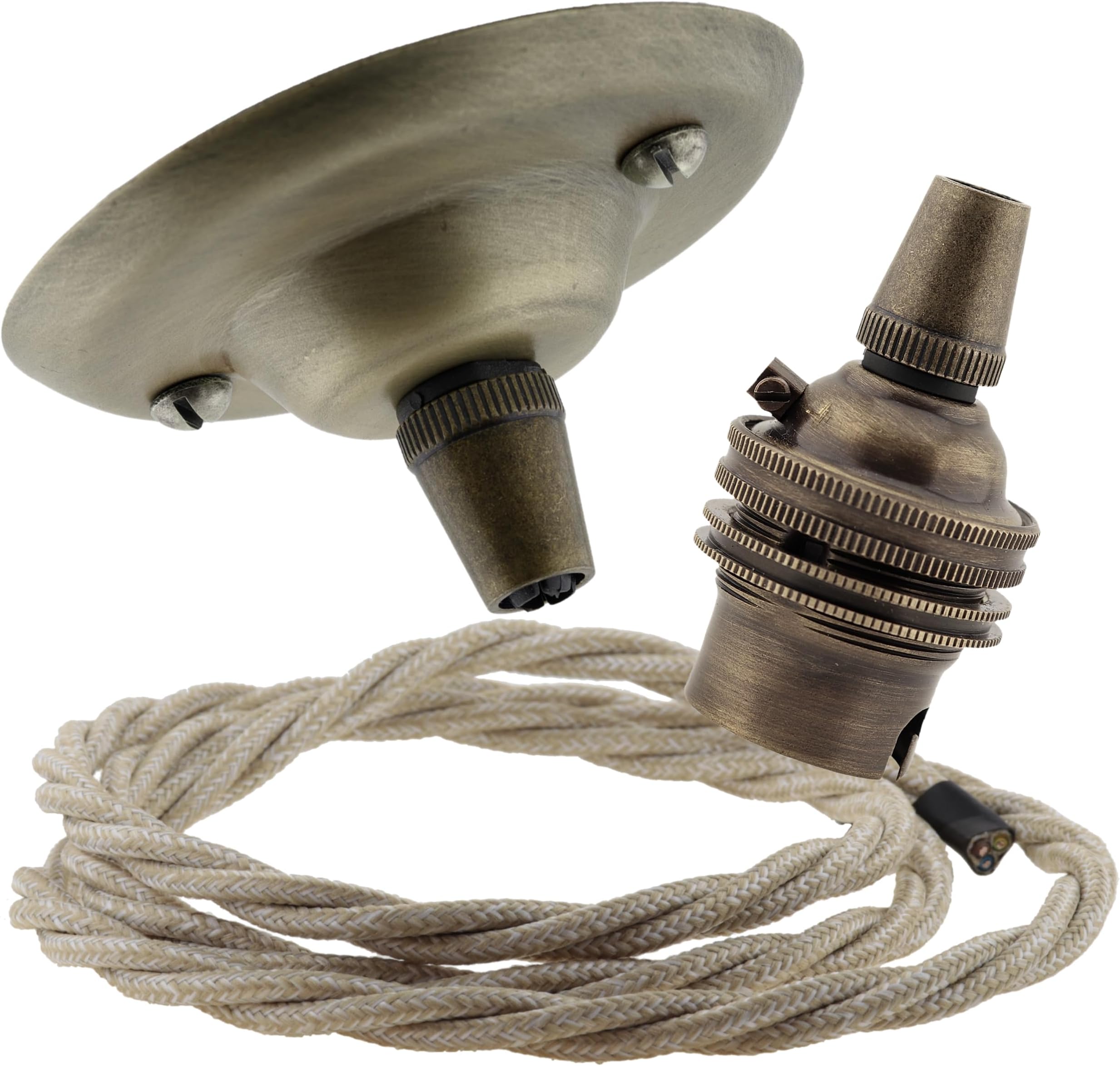 Repaireum Ltd. Vintage Styled Ceiling Pendant Kit incl. Antiqued Brass Finish Rose, B22 Bulb Holder and 3 Core Linen Effect Braided Twisted Flex