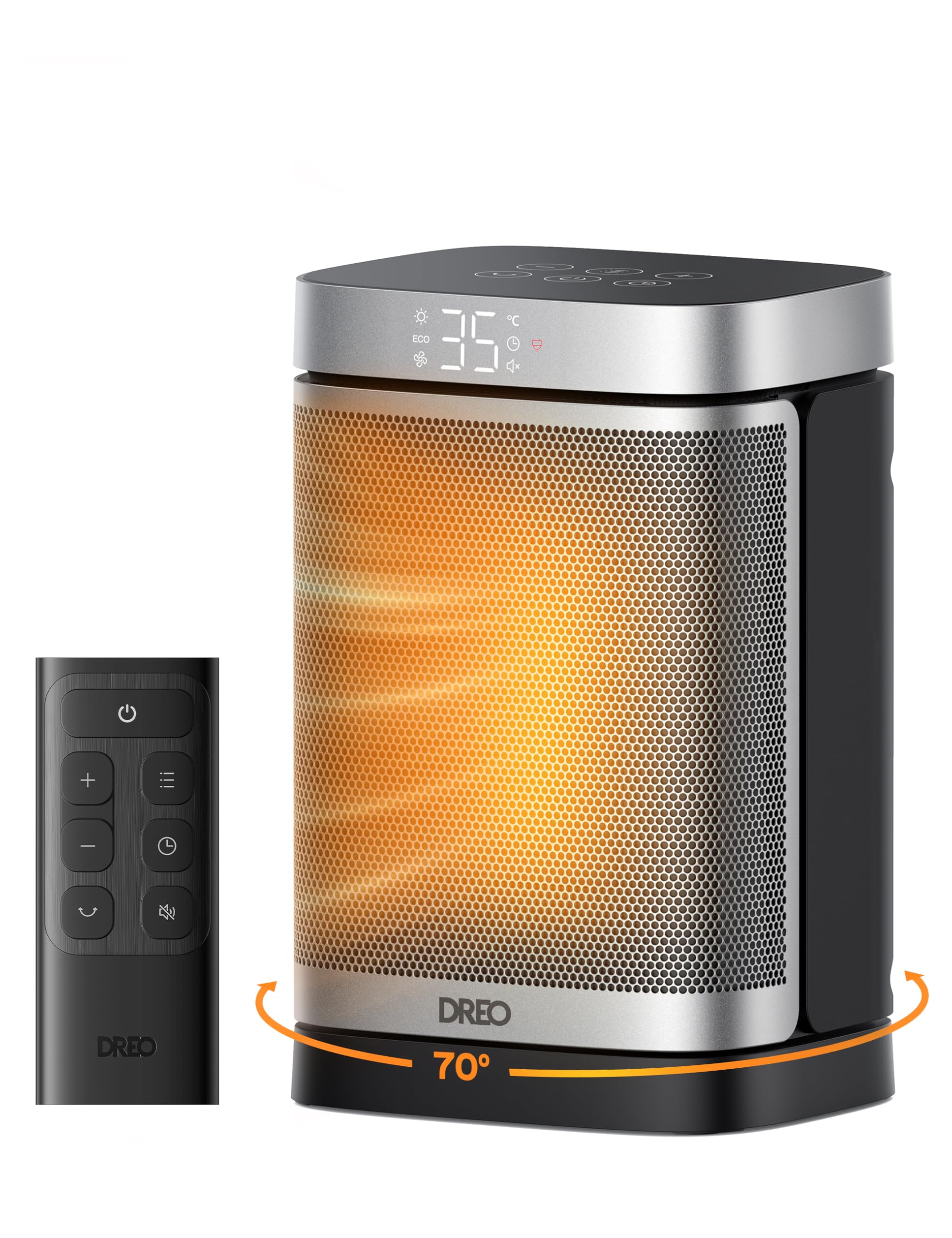 Dreo Atom One space heater, 70° oscillating, Electric, PTC ceramic heater with thermostat, Timer 1-12 h, Remote control, Overheating and anti-tip protection, ECO mode