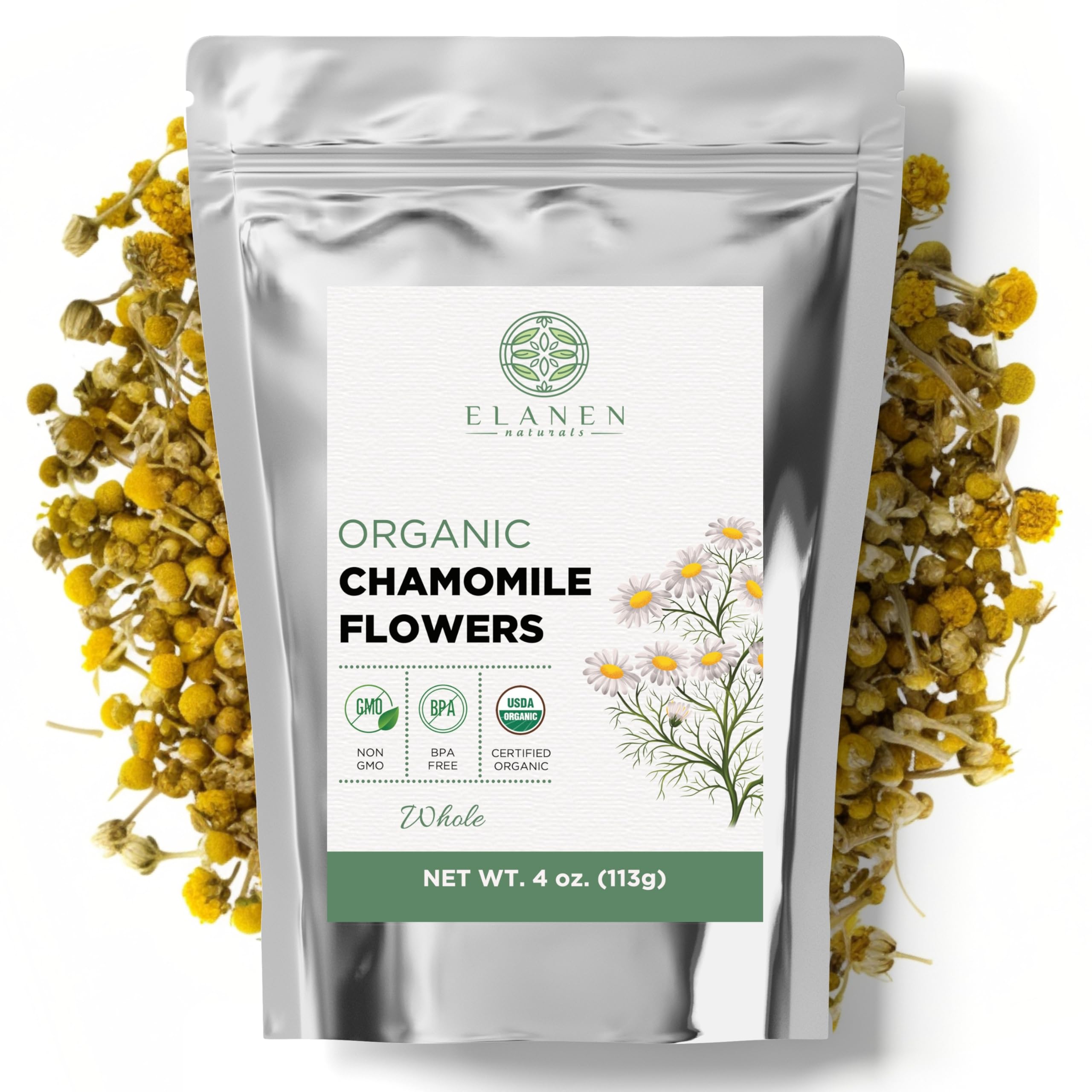 Elanen Naturals Organic Chamomile Flowers 4 oz. (113g), USDA Certified Organic Camomile Manzanilla Tea Loose Leaf, German Chomomile Golden Chamomeal Herb, Whole