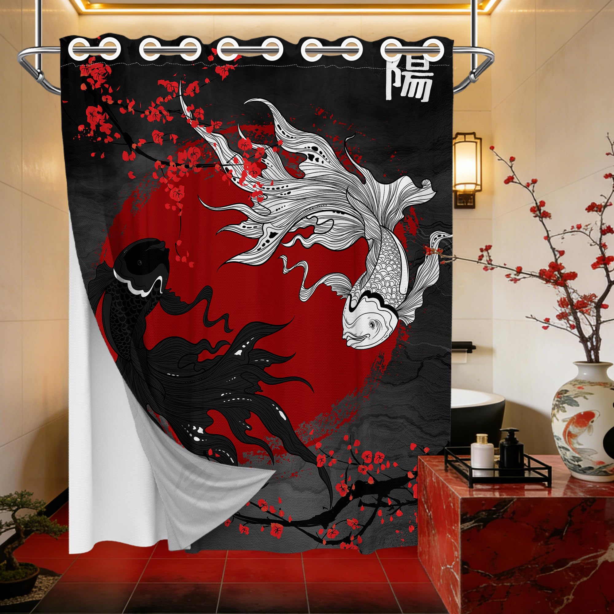 Japanese Hookless Shower Curtain with Snap in Liner Set, Koi Fish Black and Red No Hook Shower Curtains for Bathroom, Double Layer Ringless, Waterproof Cloth Fabric, 71" W x 74" L