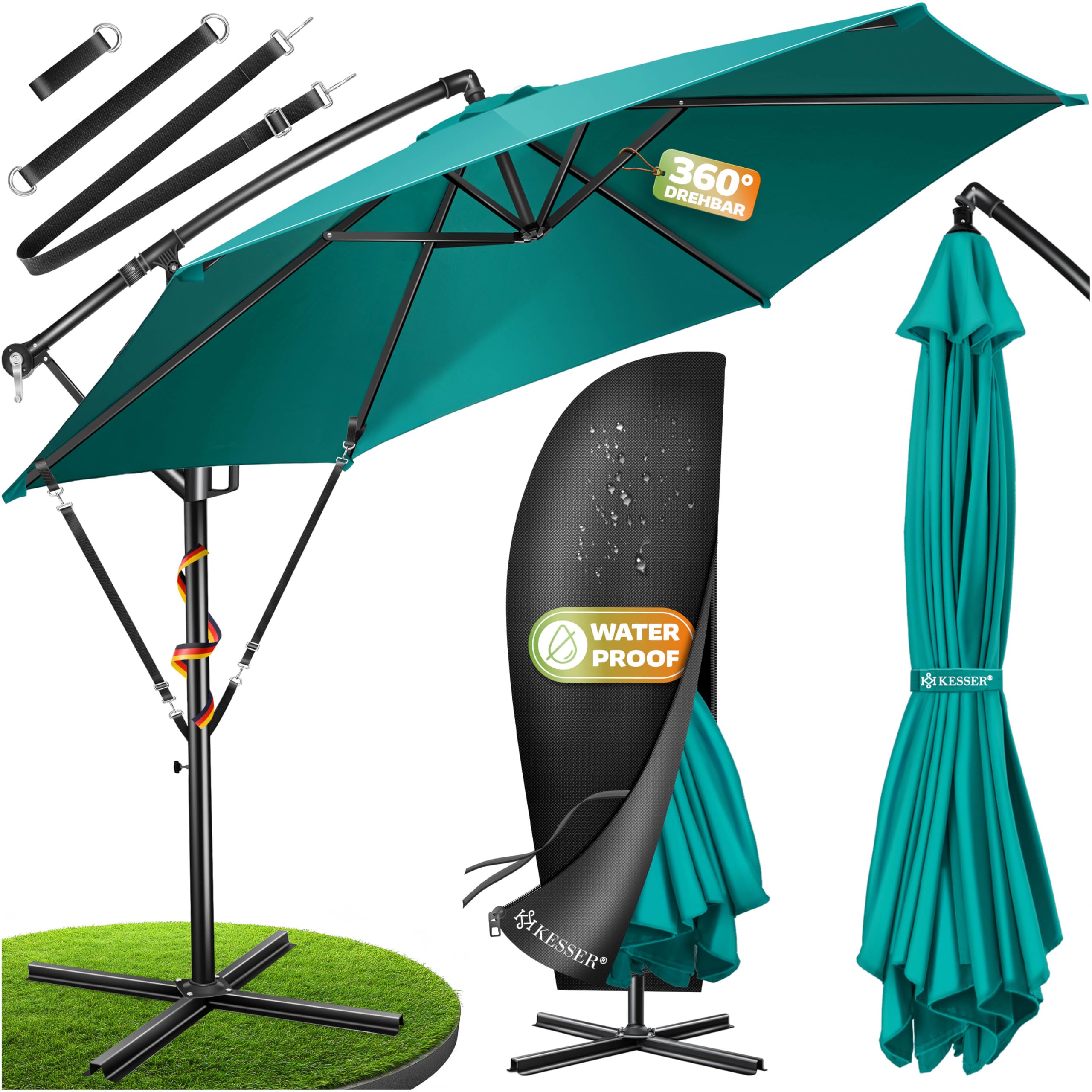 KESSER® Sonnenschirm Ø 350 cm, Ampelschirm mit Kurbel, für Balkon, Terrasse & Garten, Sonnenschutz, Gestell & Ständer aus Alu, UV-Schutz, wasserdicht + Windfest, 360° Funktion + Schutzhülle, Petrol