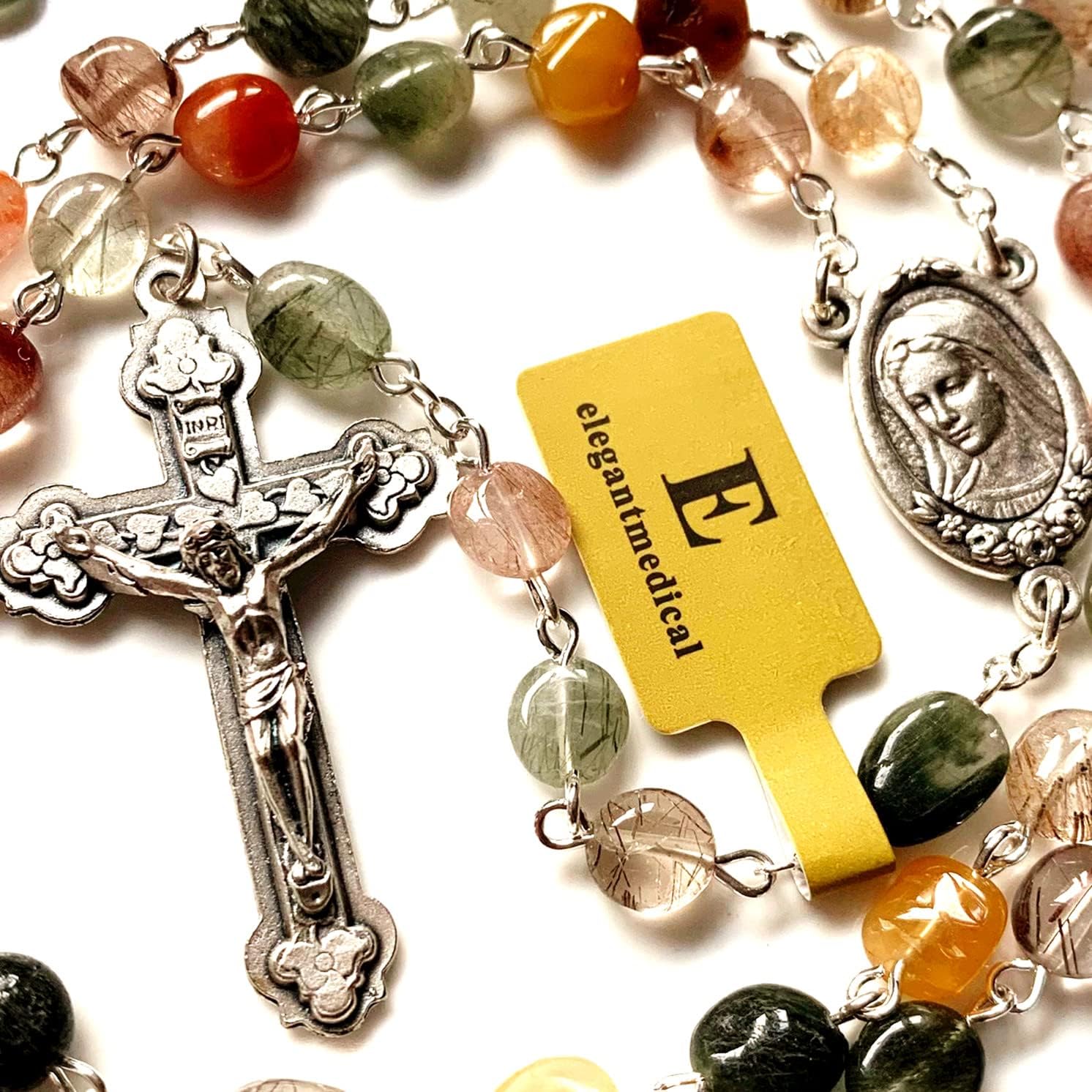 elegantmedical Handmade Natural Quartz Rutilated Beads Rosary Cross Catholic Necklace Gift Box - Image 8