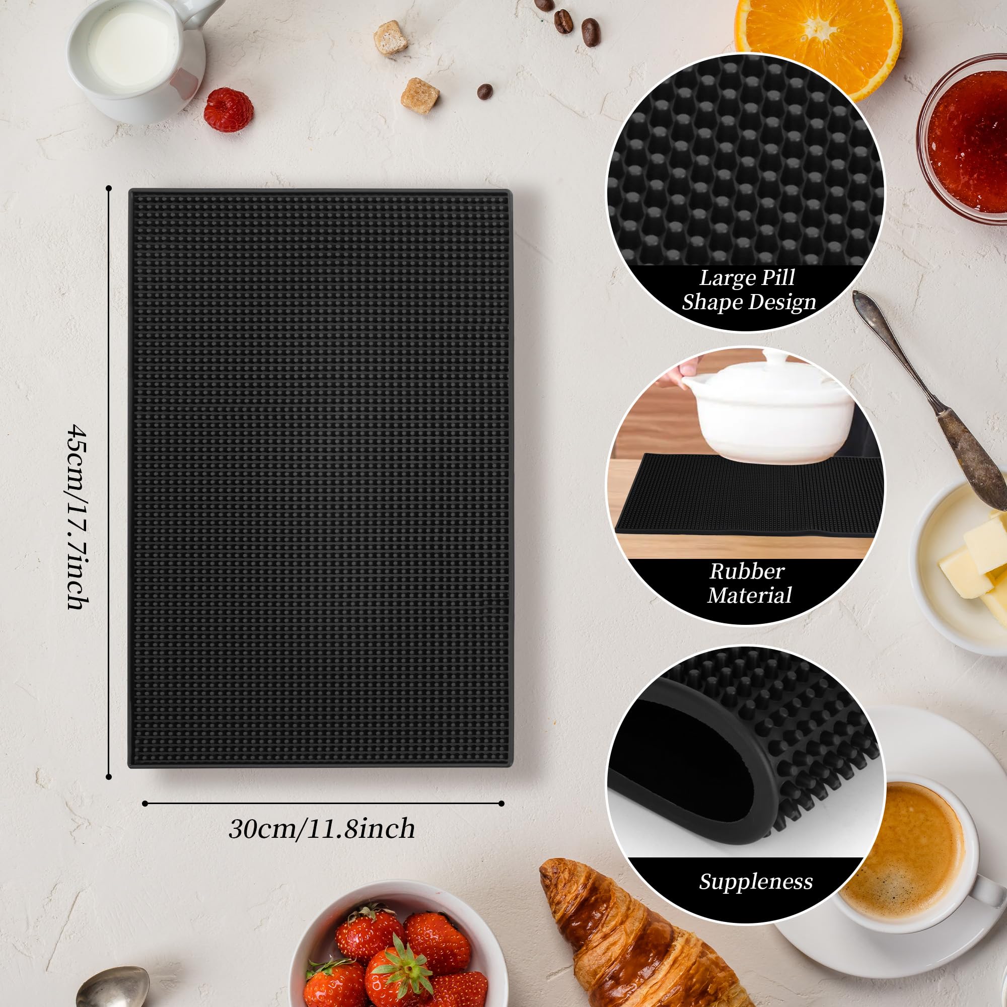 6 alfombrillas de goma para encimera de 45,7 x 30,5 cm, alfombrillas de silicona antideslizantes para bares, secado y derrames para restaurantes, color negro