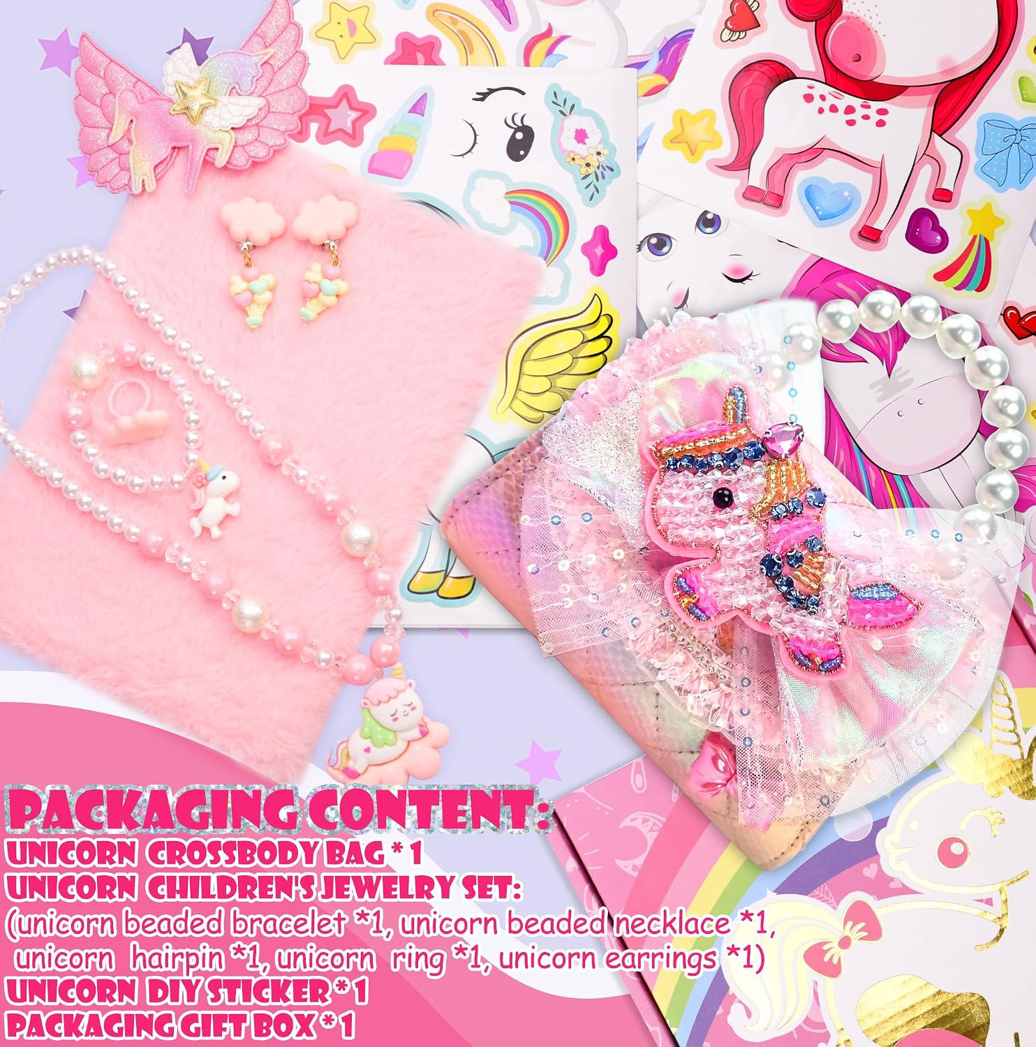 Unicorn Mermaid Purse for Little Girls,Toddler Handbag with Kids Dress up Jewelry Set,Gifts for Birthday Xmas
