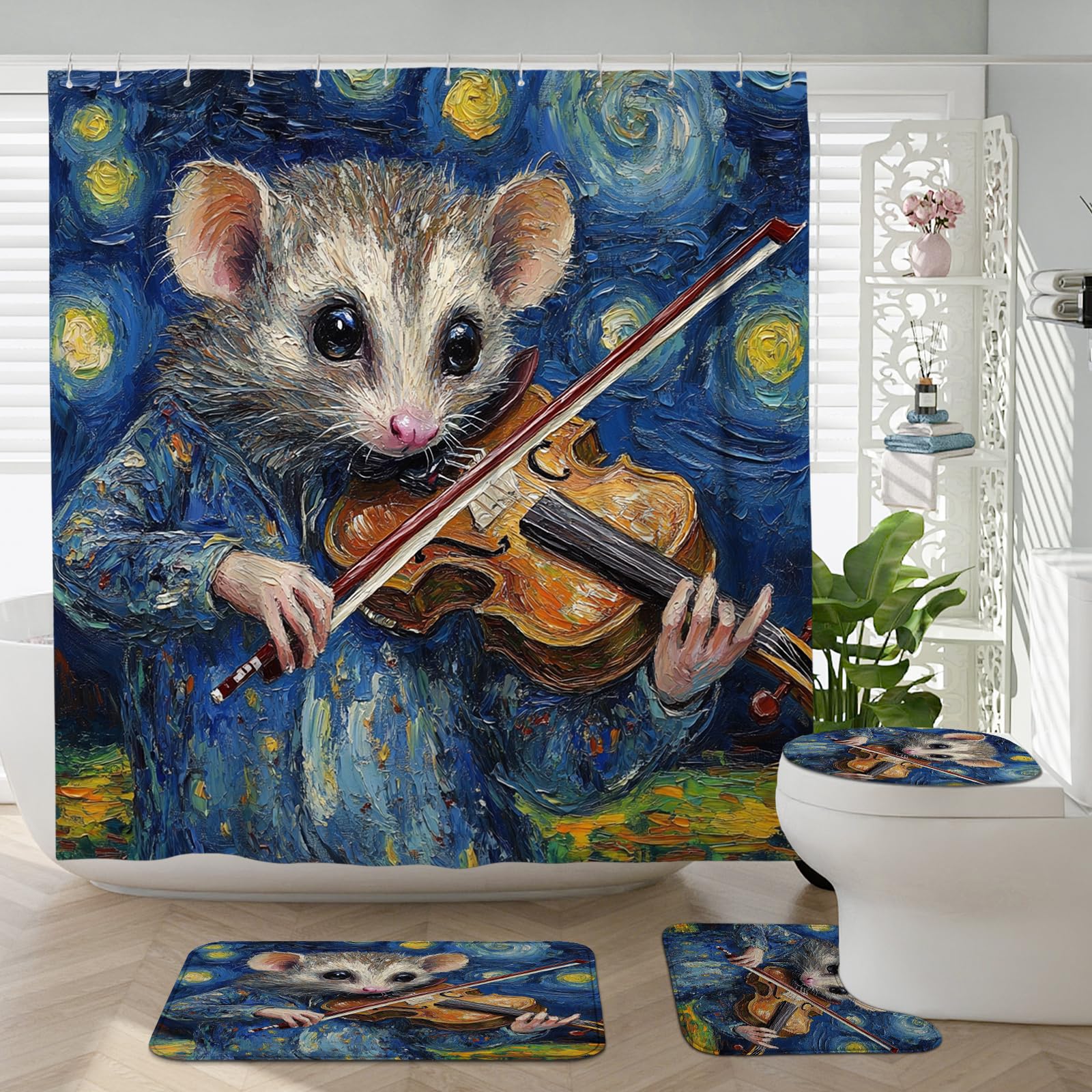 4PCS Possum Themed Stars Night Bathroom Accessory Sets with Non-Slip Rug, U Shape and Toilet Lid Cover Mat, Oil Painting Violin Bathroom Fabric Decor-72''x72''