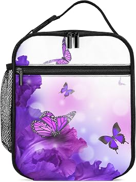 Purple Flowers Butterfly Lunch Box Kids Insulated Lunch Bag for Girls Teen | Reusable Lunchbox, Cooler Tote Bag, Cup Holder, Lightweight, High Capacity, Multiple Pockets, For School Work Picnic Travel