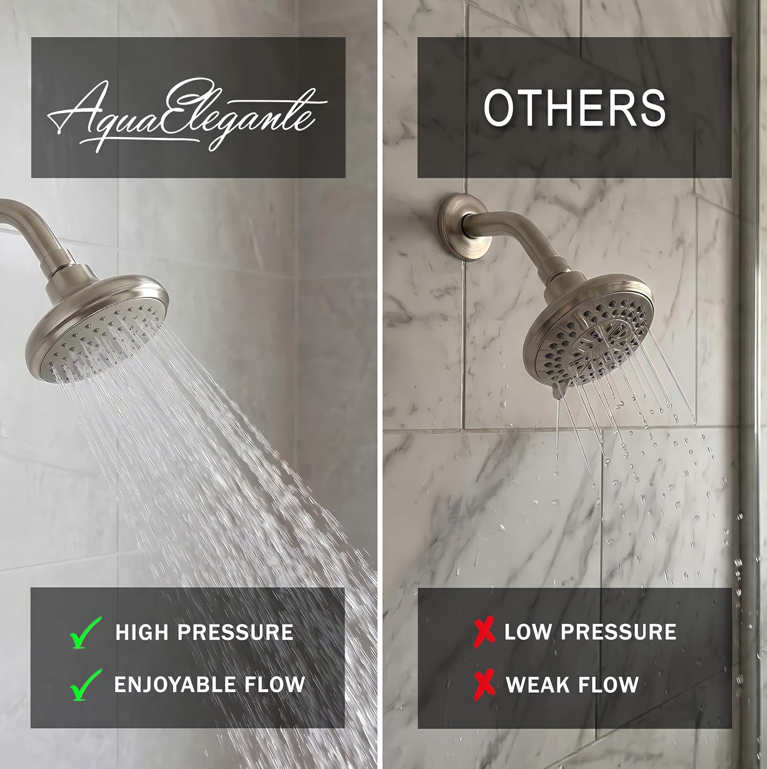 Aqua Elegante High Flow Shower Head - 4 Inch Wall Mount Water Saving Bathroom Showerhead Nozzle For Boosting Low Pressure Showers With Adjustable Brass Ball Joint - 2.5 GPM - Brushed Nickel