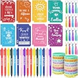 PerKoop 64 Pcs Inspirational Gifts Bulk 16 Motivational Notebooks Journal 16 Ballpoint Pens 16 Wristbands 16 Keychains for Teacher Office Women Employee Party Favor(Watercolor)