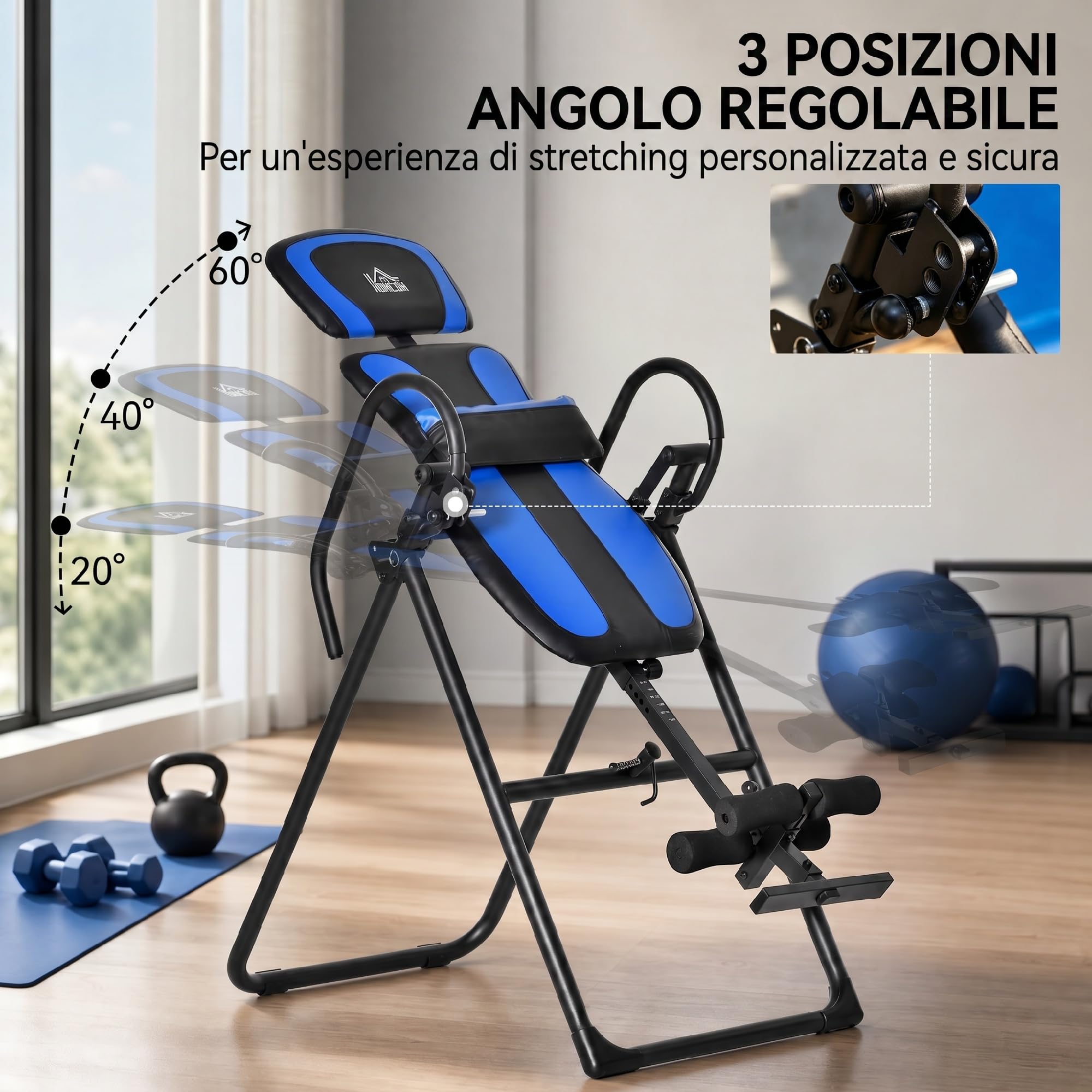 HOMCOM Panca ad Inversione Pieghevole Regolabile con Ruote, Tavola di Inversione Gravitazionale con Protezione Cintura, per Allenamento Muscolare e Sollievo dal Dolore alla Schiena, Casa Palestra