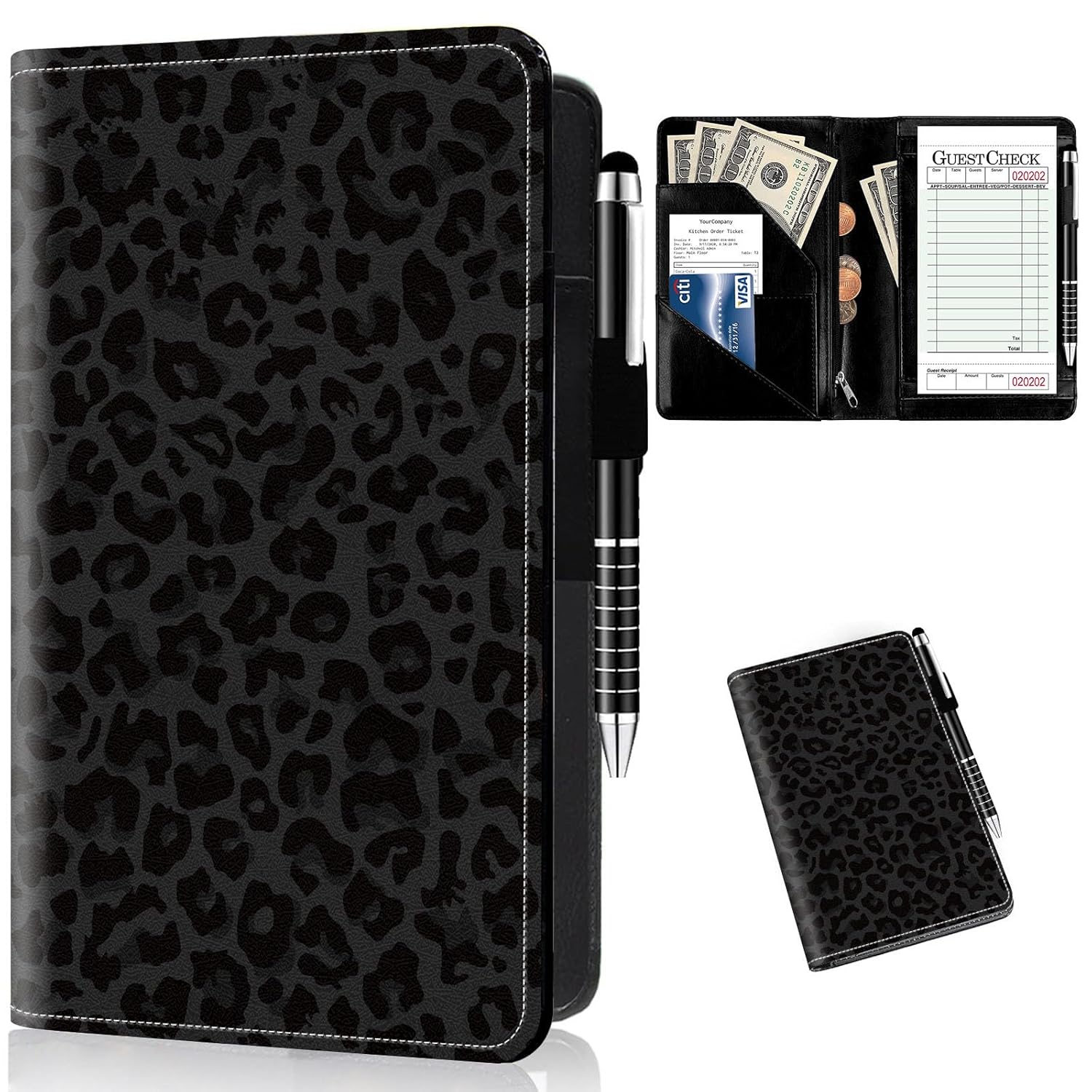 Server Books for Waitress,with Zipper Pocket Cute,Black Green Leopard Print Waitress Books for Servers Book Organizer Server Check Book Fit Server Apron Leather Waiter Wallet,with a Pen