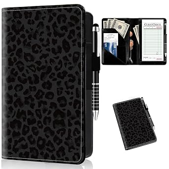 Server Books for Waitress with Zipper Pocket Cute Waitress Books for Servers,Leather Waiter Wallet Server Book Organizer Server Check Book Fit Server Apron,with A Pen,Black Leopard Print