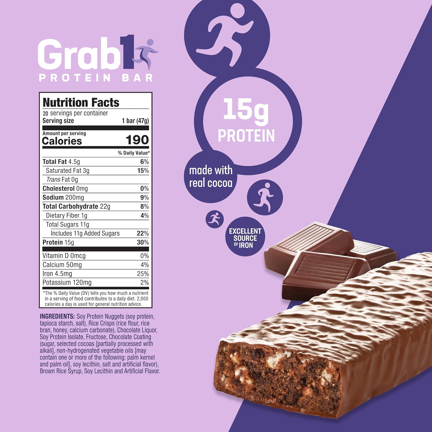 Grab1 Dairy Free Real Dark Chocolate Protein Bars | 15g Protein (20 Bars) | Controls Hunger | Vegan Friendly | Certified Kosher | Delicious Tasting | Low Calorie | Great Meal Replacement or Snack